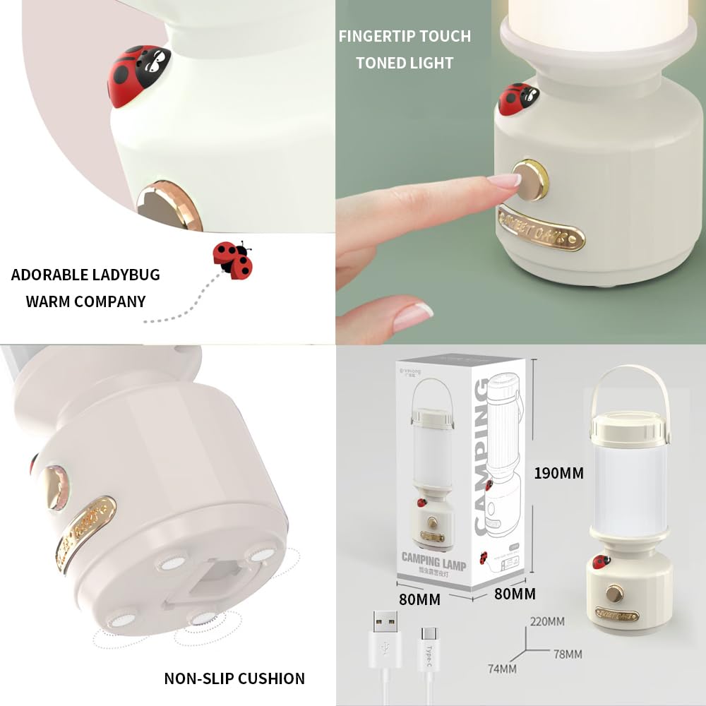 Yzyoe Rechargeable Led Mini Camping Light, Outdoor Portable Ladybug Decorated Cute Pony Light, Multi Functional Tent Light With 3 Modes Of White Light, Warm Yellow Light, And Warm White Light.