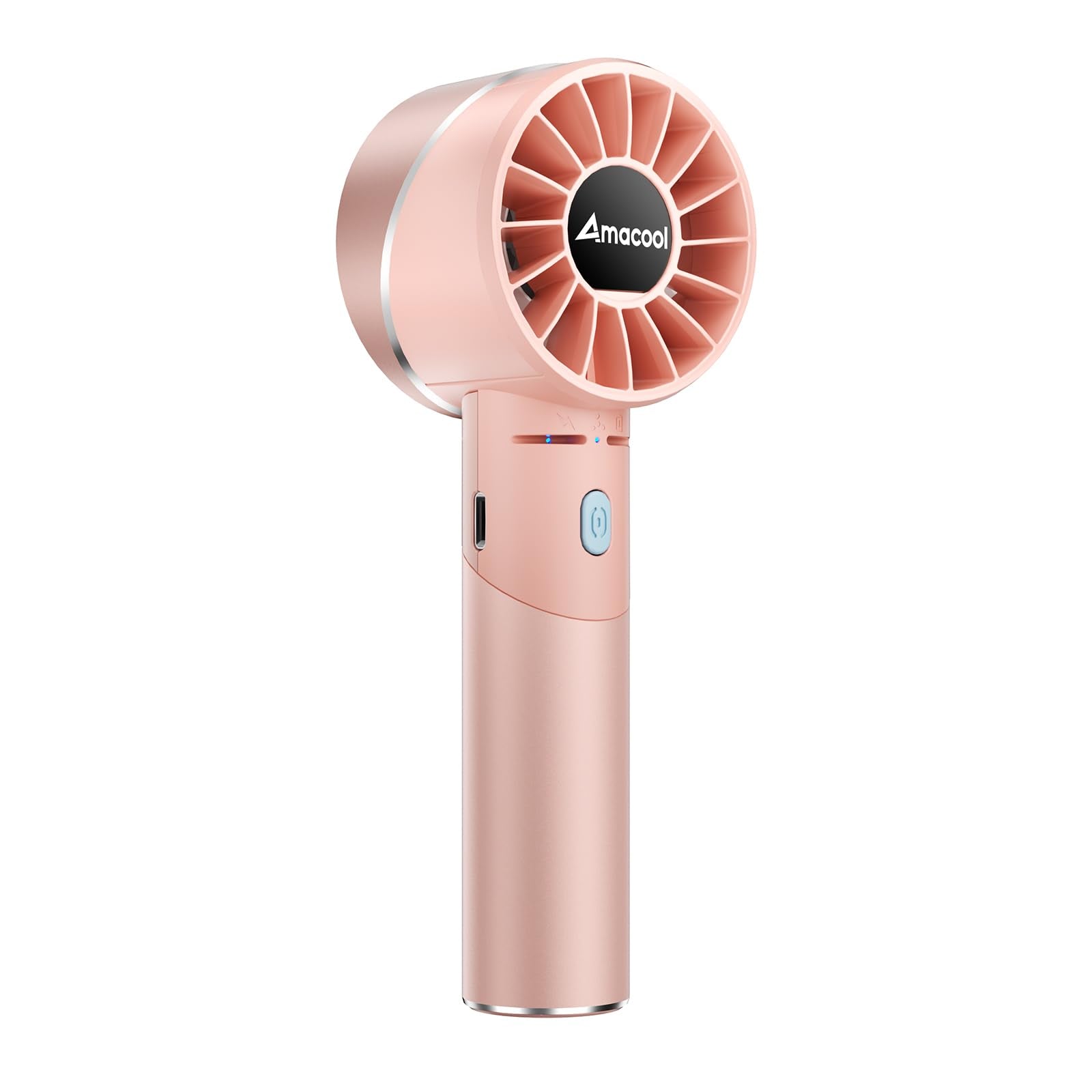 Amacool portable handheld turbo fan with 4 adjustable speeds, cool metal body, and 17 hours of runtime