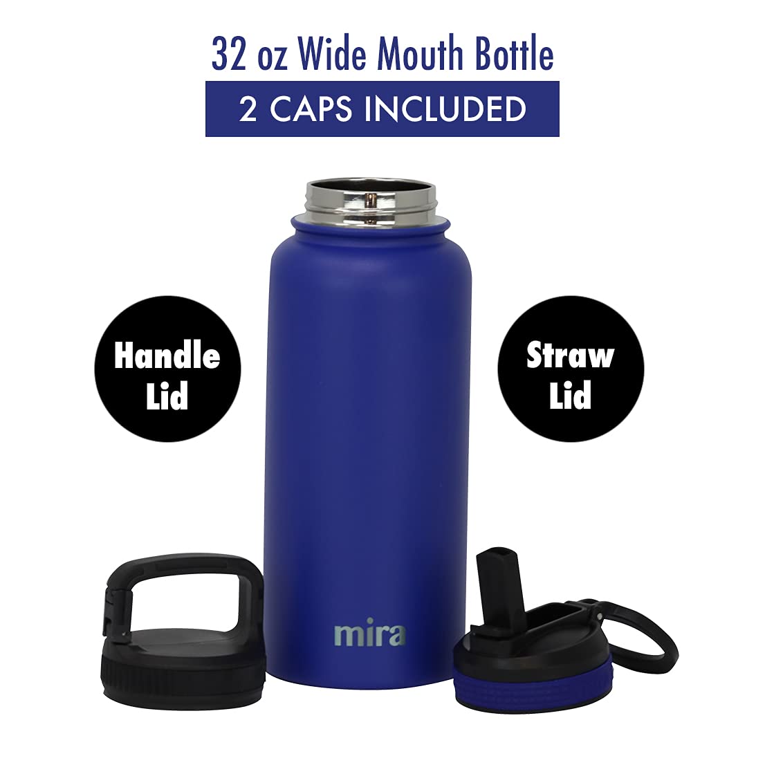 Mira 32 Oz Insulated Water Bottle - Stainless Steel Sports Flask With 2 Lids (Straw & Handle)