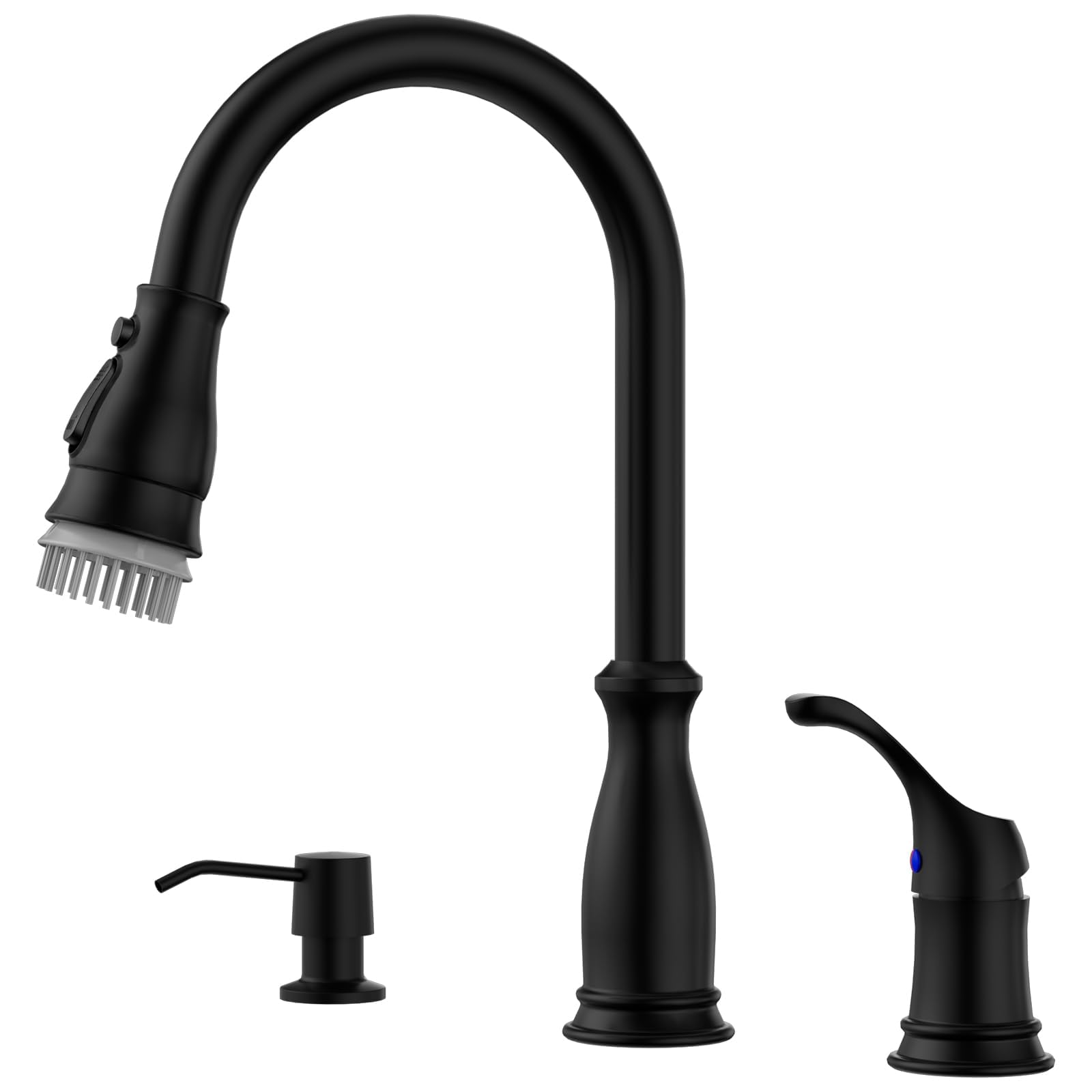Appaso 3 Hole Kitchen Faucet, 3-Hole Sink Faucets With Pull Down Sprayer, 3 Pieces Black Kitchen Faucet With Soap Dispenser And Side Separate Single Handle High Arc Matte Black For Rv Camp Farmhouse