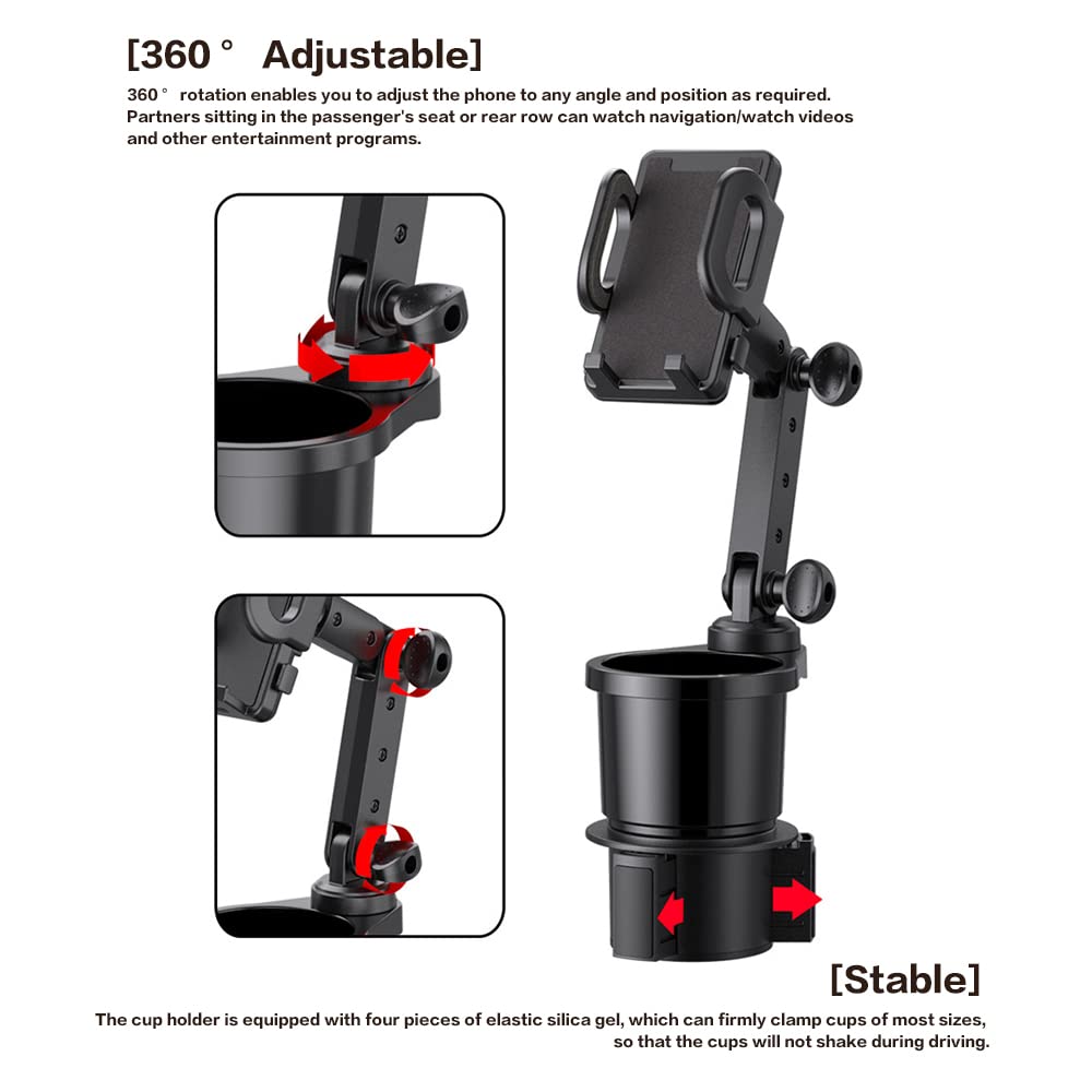 Reswish Car Cup Holder Phone Mount, Universal Auto Cell Phone Stand With Drink Expand Cup Holder,2 In 1 Multifunctional Car Cup Holder Expander With 360° Rotation Phone Mount