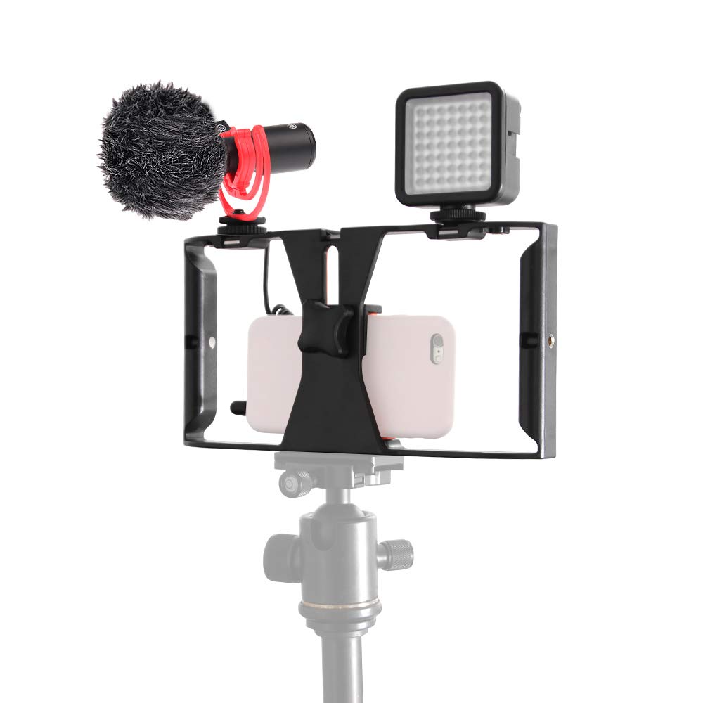Focusfoto Pro U-Rig Smartphone Video Camera Cage Mount Holder Stabilizer Grip With By-Mm1+ Microphone Mic+ 49 Led Light+ Mini Tripod Kit For Mobile Phone Iphone Filmmaking Videomaker