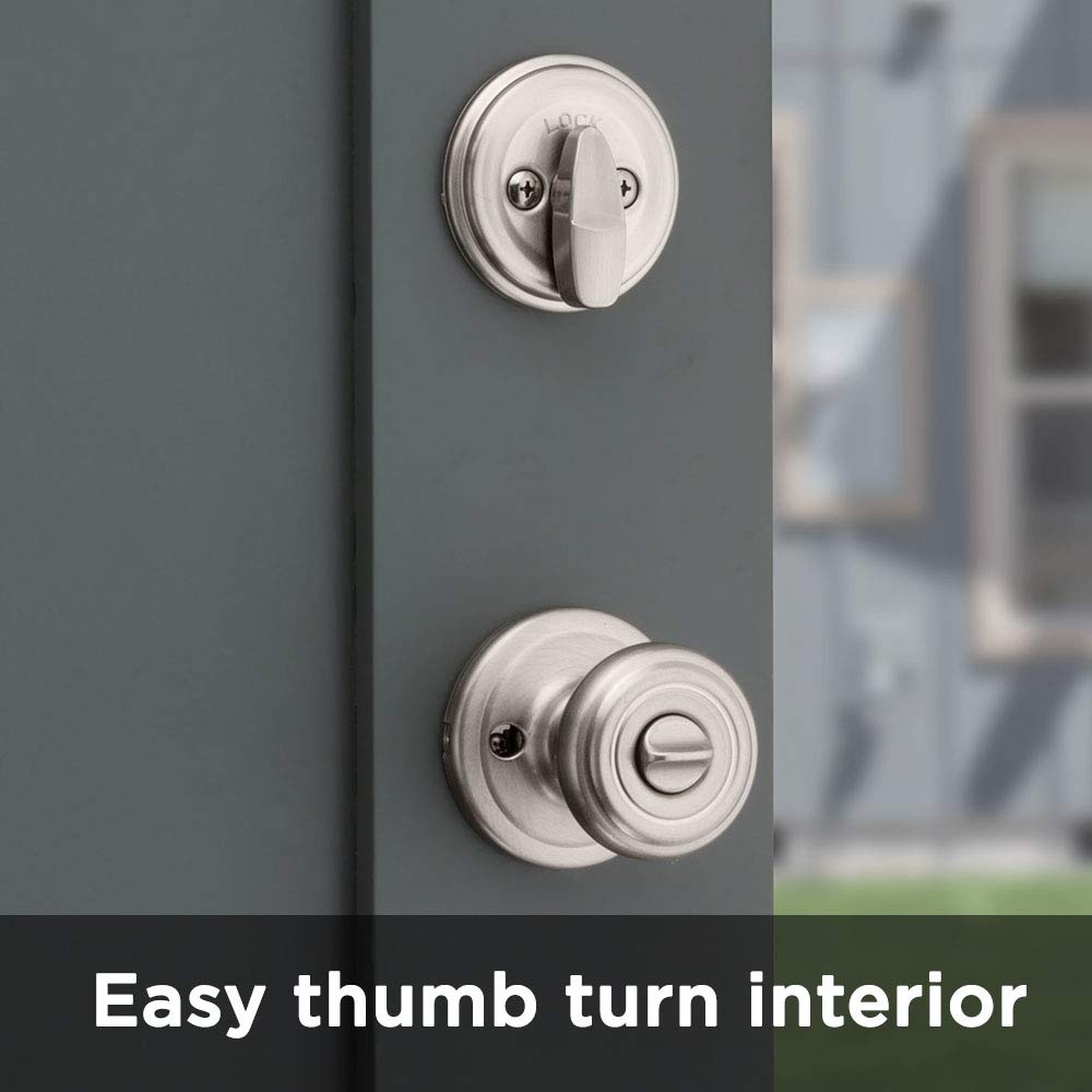 Kwikset Cameron Keyed Entry Door Knob And Single Cylinder Deadbolt Combo Pack With Microban Antimicrobial Protection Featuring Smartkey Security In Satin Nickel