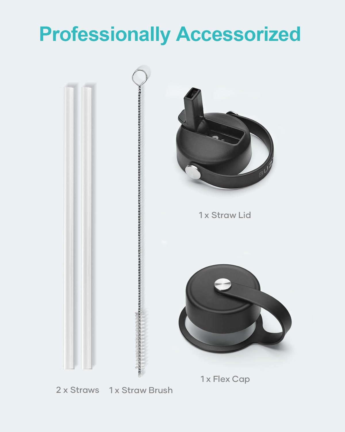 Buzio 40Oz Insulated Water Bottle, Triple Wall Vacuum Stainless Steel Water Flask With 2 Lids