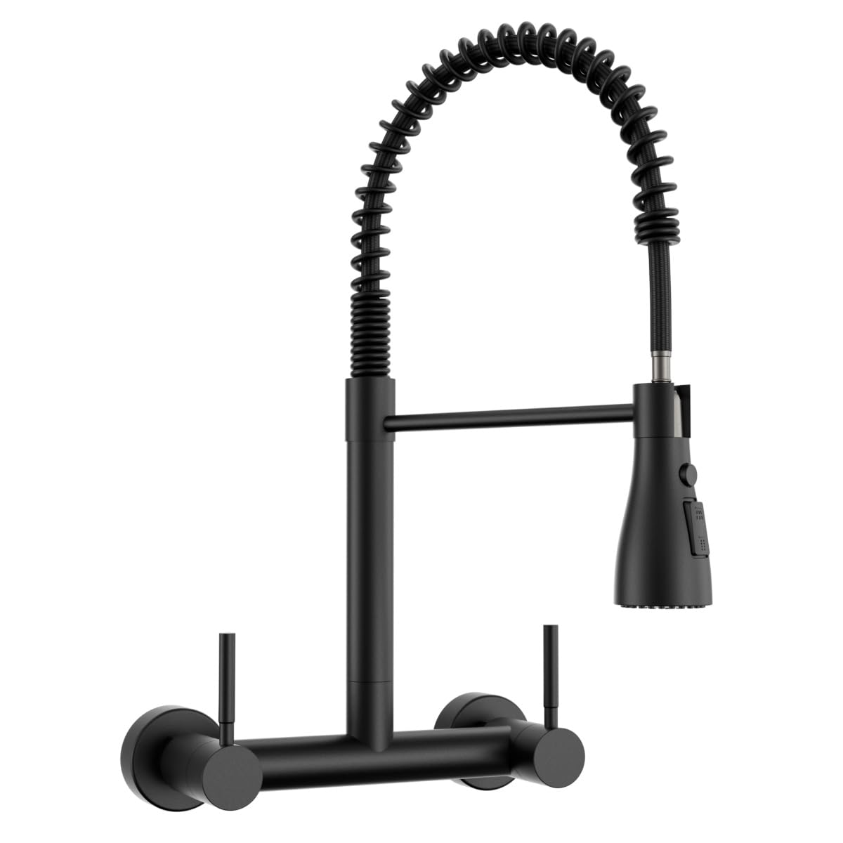 Yuhuby Wall Mount Kitchen Faucet With Pull Down Sprayer 3 Functions, 304 Stainless Steel Wall Mount Faucet 8 Inch Center, 2 Handle Kitchen Sink Faucet High Arc 360° Swivel, Matte Black