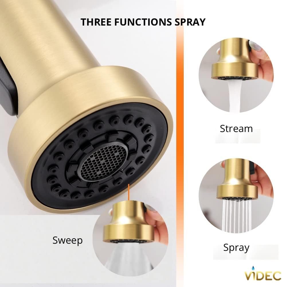 Videc Smart Kitchen Faucet, 3 Modes Pull Down Sprayer, Smart Touch On Sensor Activated, Ceramic Disc Valve, 360-Degree Rotation, 1 Or 3 Hole Deck Plate. 20-Year . (Kw-62J, Brushed Gold)