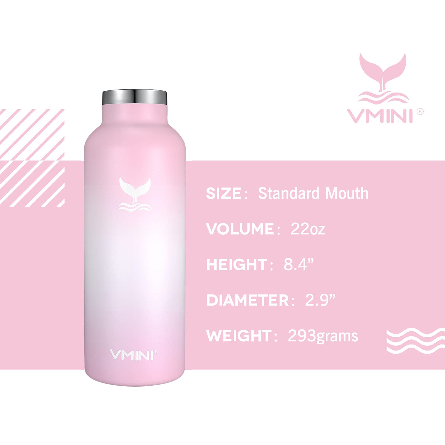 Vmini Water Bottle - Standard Mouth Stainless Steel & Vacuum Insulated Bottle, Straw Lid