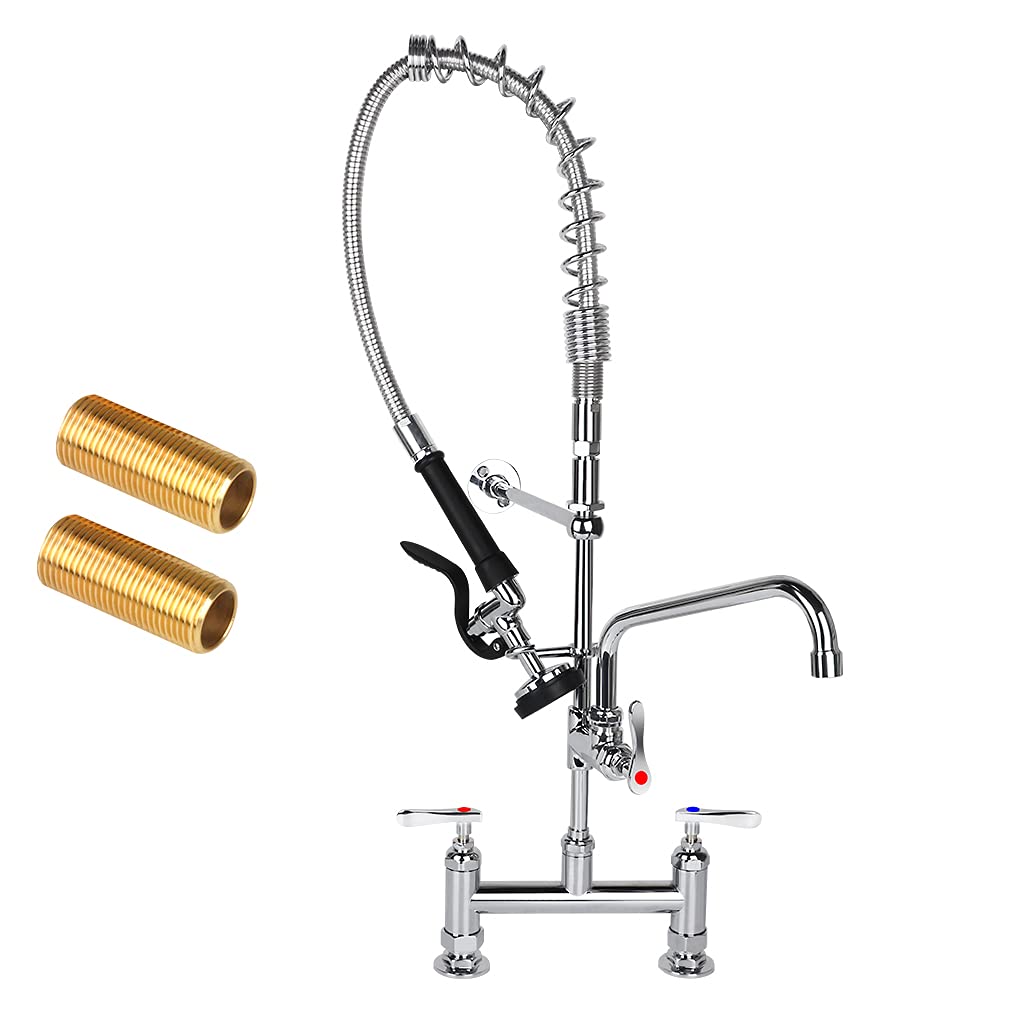 Xiube Commercial Sink Faucet With Pre Rinse Sprayer, 8 Inch Center 27 Inch Height Deck Mount Commercial Kitchen Sink Faucet With 12Inchswing Spout Fit For Kitchen Restaurant, Brass Chrome