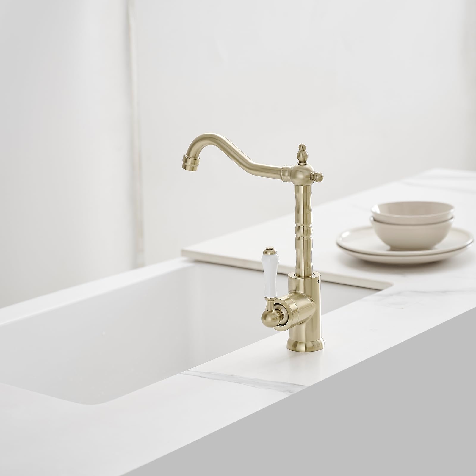 Bathfinesse Gold Kitchen Faucet With Long Curve Spout 360 Swivel, Deck Mount Single Handle Single Hole, Copper Bar Sink Faucet, Mixer Tap