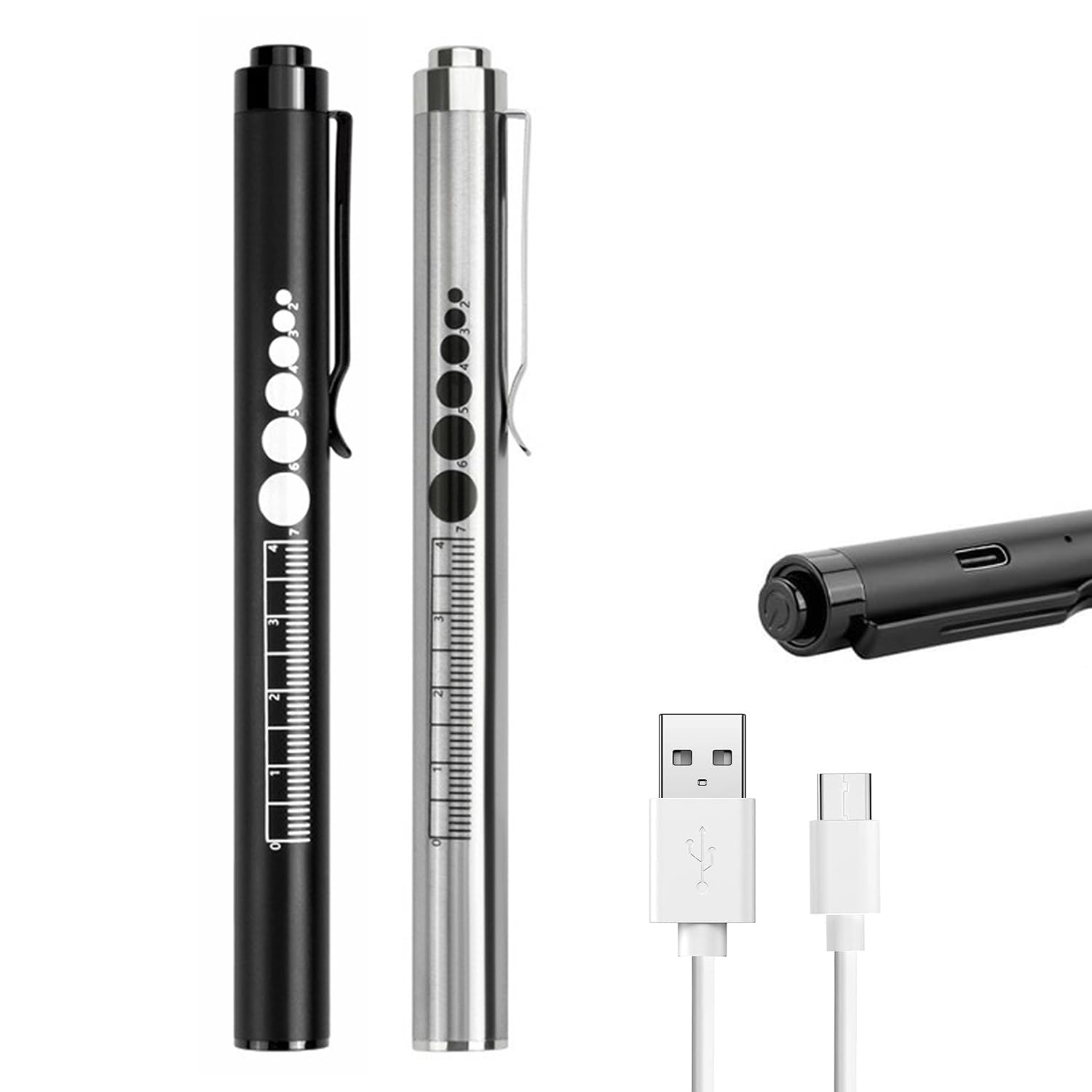 Yuentoen 2Pcs Pen Light, Led Pupil Gauge Penlight With 2 Light Led Sources, Usb Rechargeable Mini Penlight For Home Camping Outdoor And Emergency (Black+Silver)