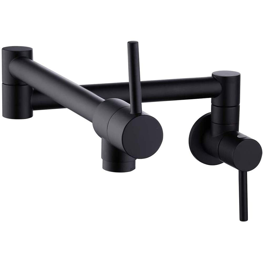 7Trees Kitchen Pot Filler Faucet Lead- Brass Double Joint Swing Arm Folding Sink Faucet Articulating Wall Mount Two Handle (Matte Black)