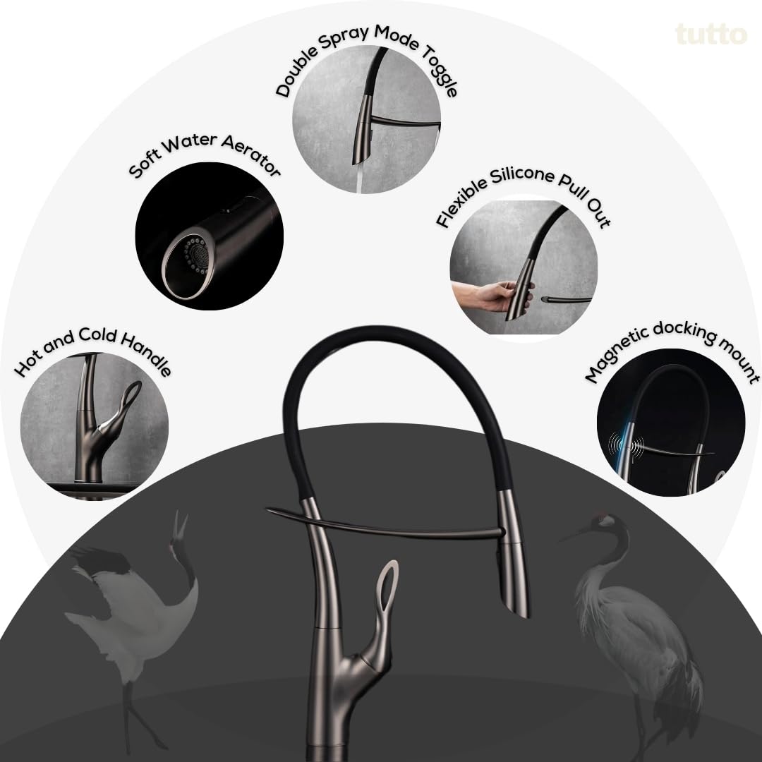 Tutto Scratch Resistant Kitchen Faucet, Magnetic Docking Spray Holder, Pull Down Sprayer With Dual Spray Mode, Luxury High-End Kitchen Faucet With Black Silicone Spout, Kitchen  (Gunmetal Gray)