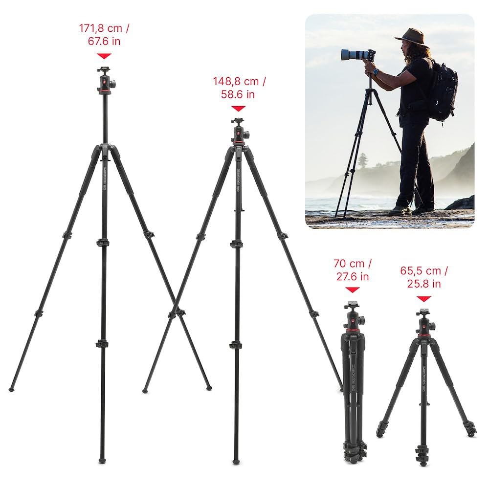 Manfrotto 190X As, 3-Section Aluminum Camera Tripod, Photo-Kit With Ball Head, Ground Level, Arca-Swiss Plate, Quick Power Lever Lock, 22Lbs Payload, For Dslr And Mirrorless, Photo Shooting Supports