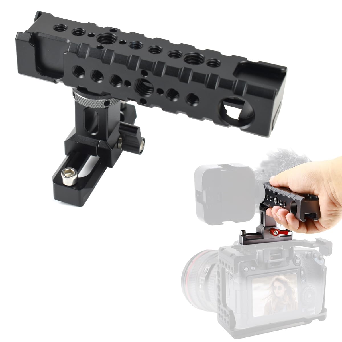 Akeipho Top Dslr Camera Handle, Universal Hand Grip With Quick Release Nato Clamp, 4 Cold Shoes And 1/4" 3/8" Arri Threads For Camera Cage Rig