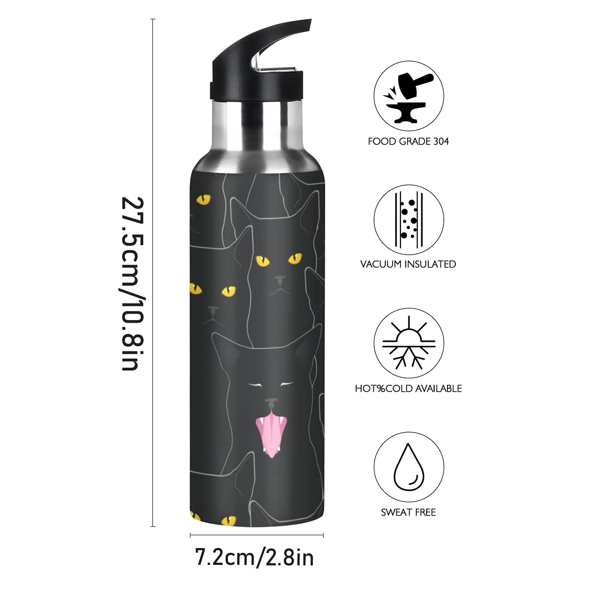 Water Bottle Black Cat Coffee Thermos Stainless Steel Insulated Beverage Container 20 Oz With Straw