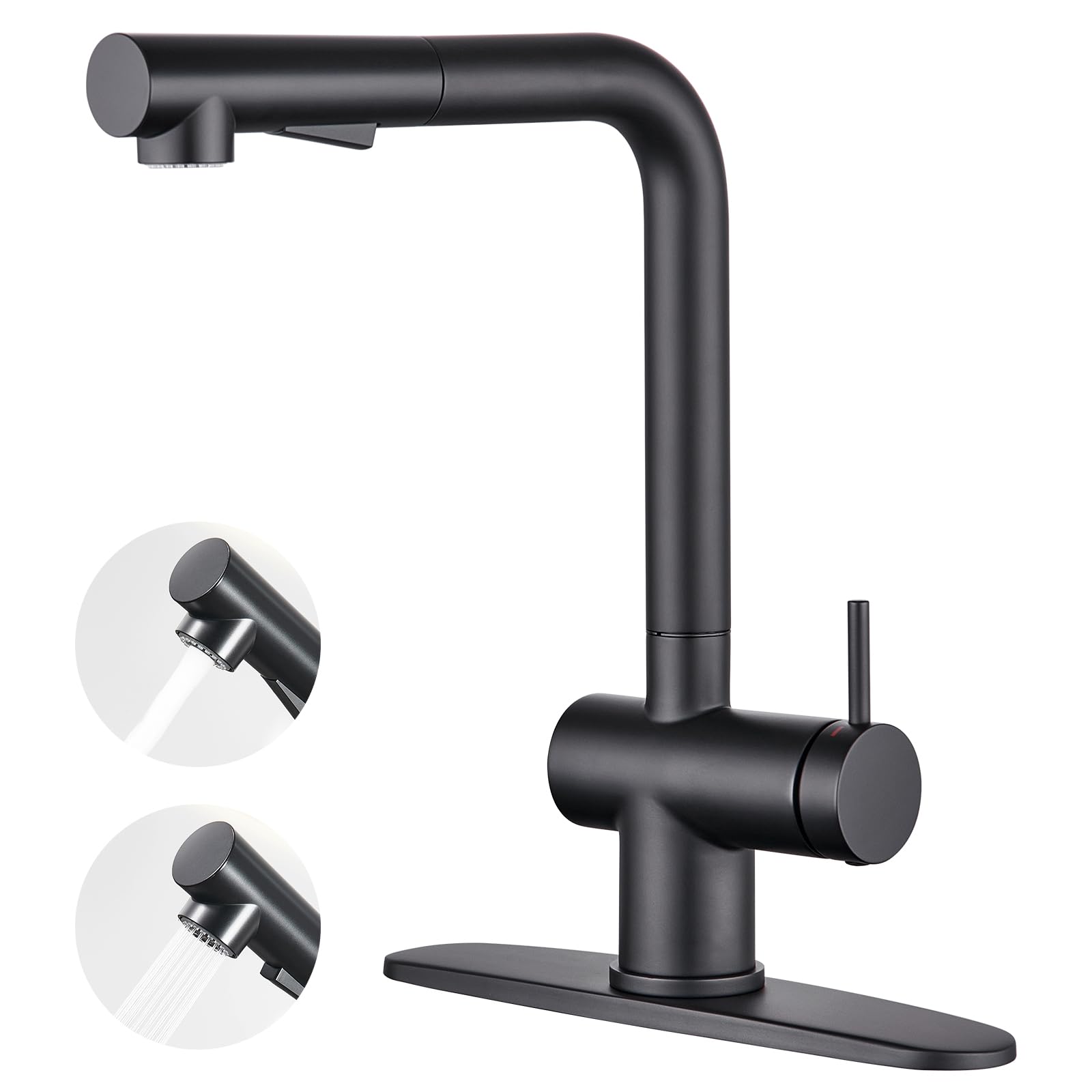 Aktines Matte Black Kitchen Faucet With 2 Function Pull Down Sprayer, Stainless Steel Kitchen Sink Faucet With Deck Plate, Fits 1 Or 3 Hole Sinks For Kitchen, Bar, Rv