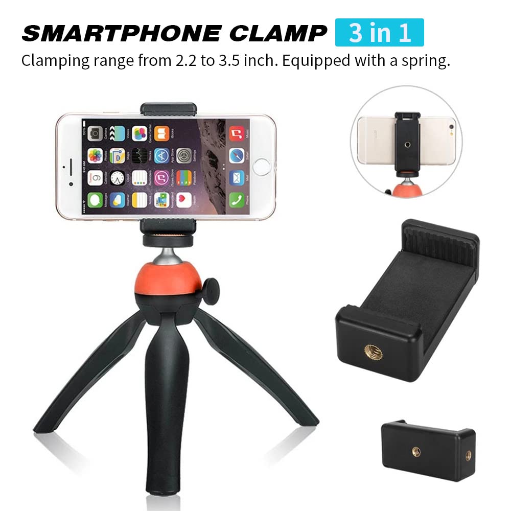 Aoesin Mini Phone & Camera & Webcam Tripod Stand, 360° Ball Head Panoramic Shooting, Work Height 5.7 Inch, With Phone Clamp And Gopro Adaptor, Lightweight 0.3 Lb And Portable, Red