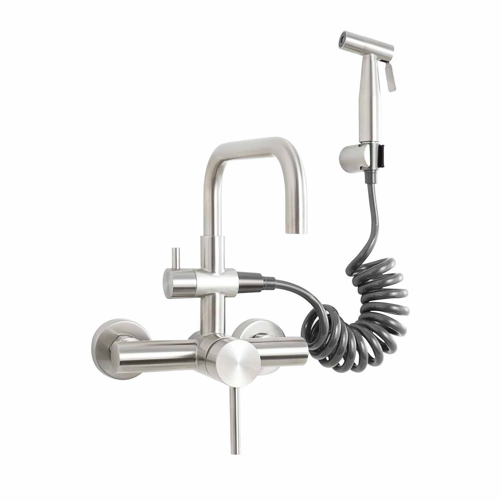 Trywell Wall Mount Faucet With Handheld Sprayer 6 Inch Center Kitchen Faucets Swivel 360°Stainless Steel Commercial Sink Faucet With Retractable 79 Inch Hose Spray Accessory Set(W-004P)