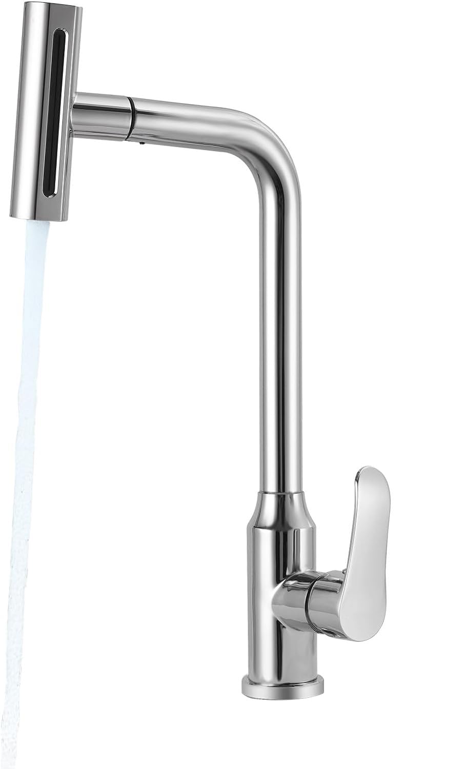 Fefue Waterfall Kitchen Faucet With Pull-Out Sprayer With 4 Modes Sprayer, Stainless Steel 360° Swivel Kitchen Sink Faucet, High Arc Single Hole Sink Faucet (Silvery)