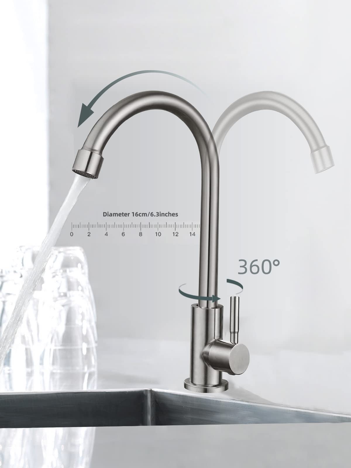 Bifordo Cold Water Only Faucet Sus304 Stainless Steel Faucet For Kitchen Sink