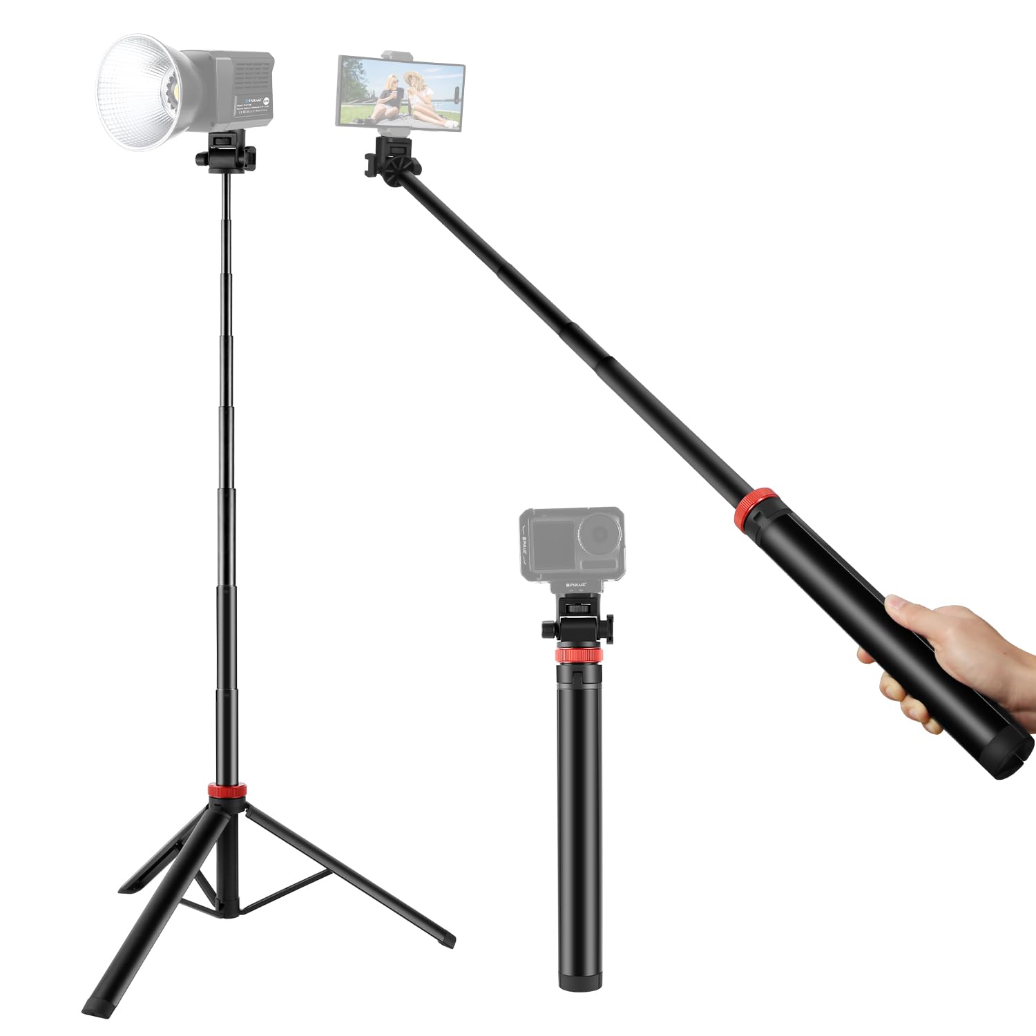 Xkdaich Extendable Camera Tripod Photography Light Stand, 80" Portable Aluminum Selfie Stick Fill Cob Light Tripod For Continute Output Lighting, Strobe, Webcams With 1/4" Screw, 360 Ball Head, Cold Shoe