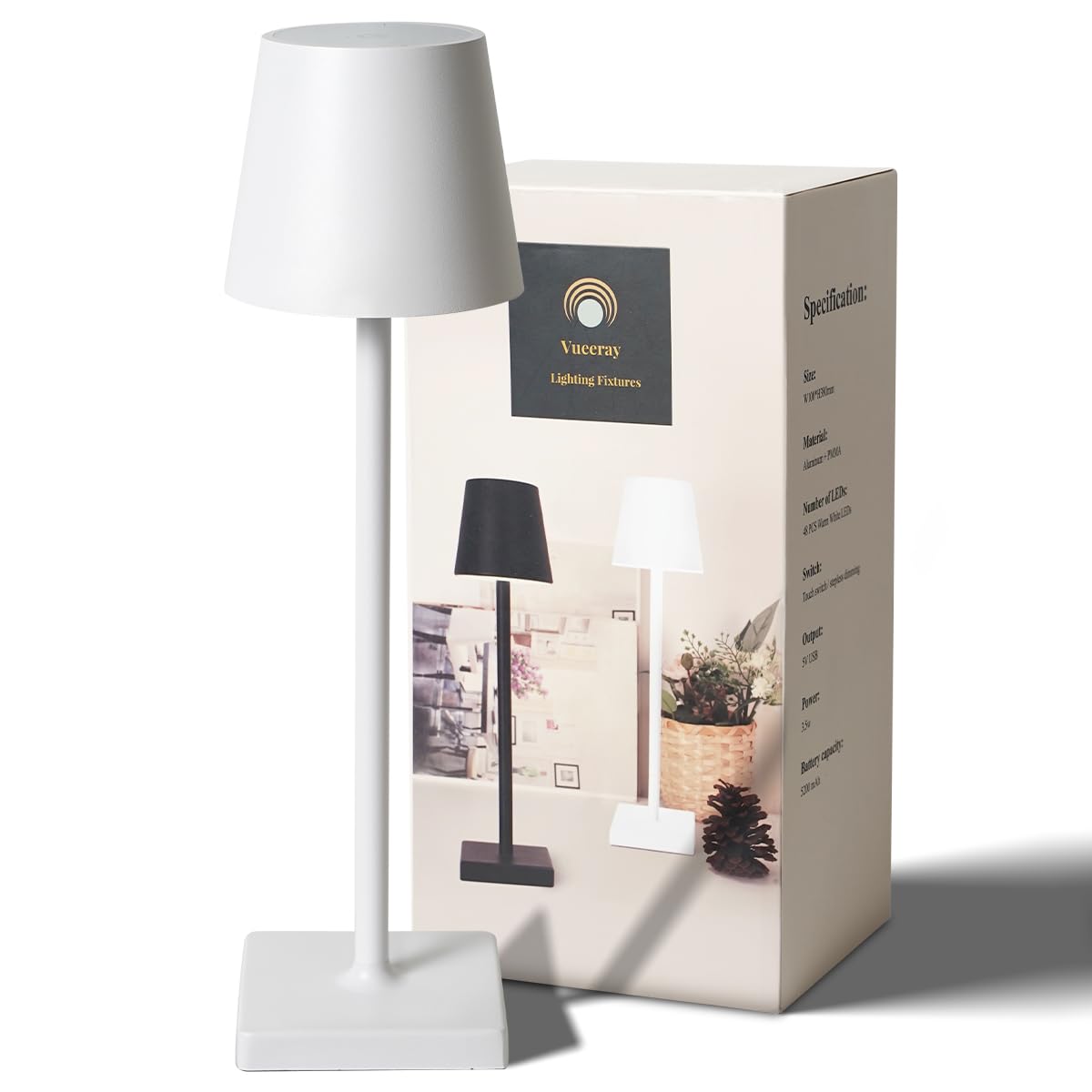 Vueeray Lighting Fixtures Ip54 Poldina Rechargeable Table Lamp,Cordless Waterproof Led Lamp,5200 Mah,Dimmable 3 Level,Indoor/Outdoor (White)