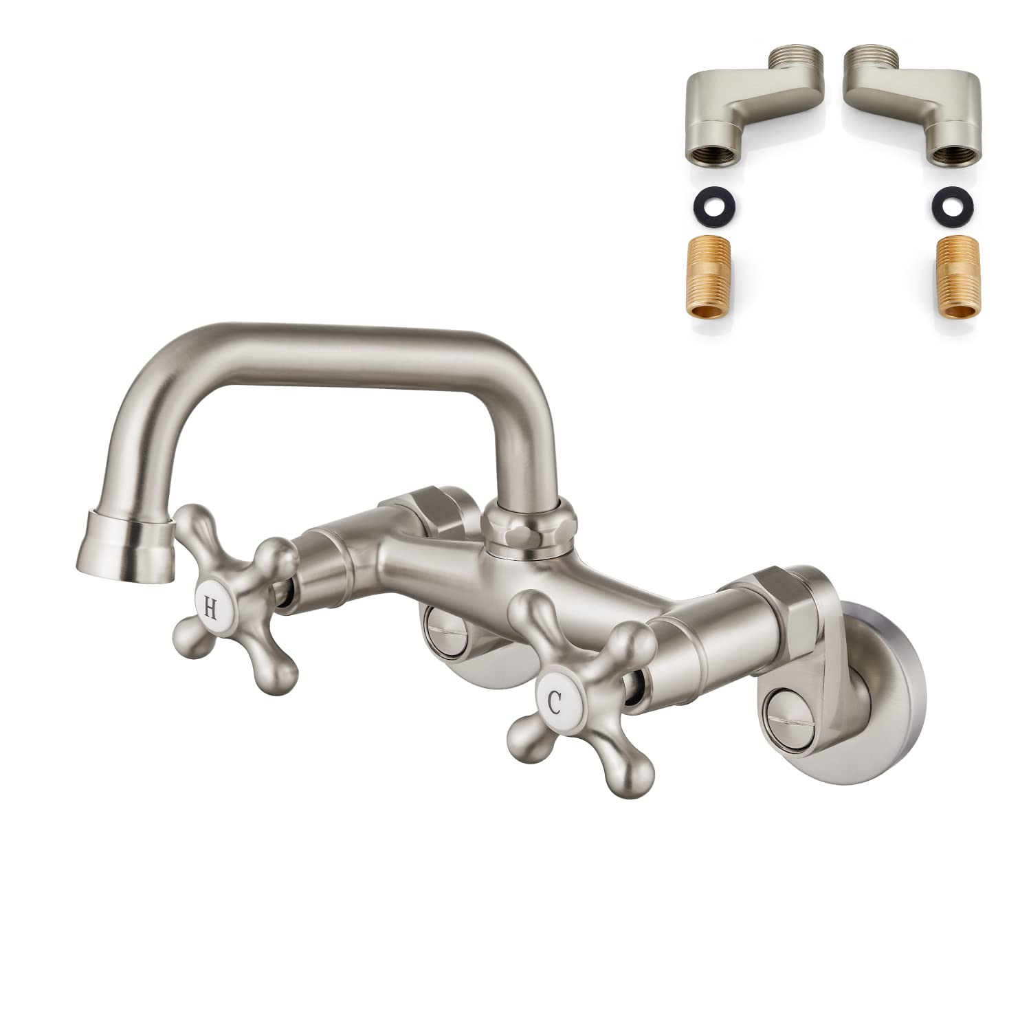 Airuida Wall Mounted Faucet Kitchen Brushed Nickel 6 Inch(15Cm) Spout Reach Adjustable Center Double Cross Handles 3 Inch To 9 Inch Hot And Cold Water Mixer Tap 360 Rotatable Faucet