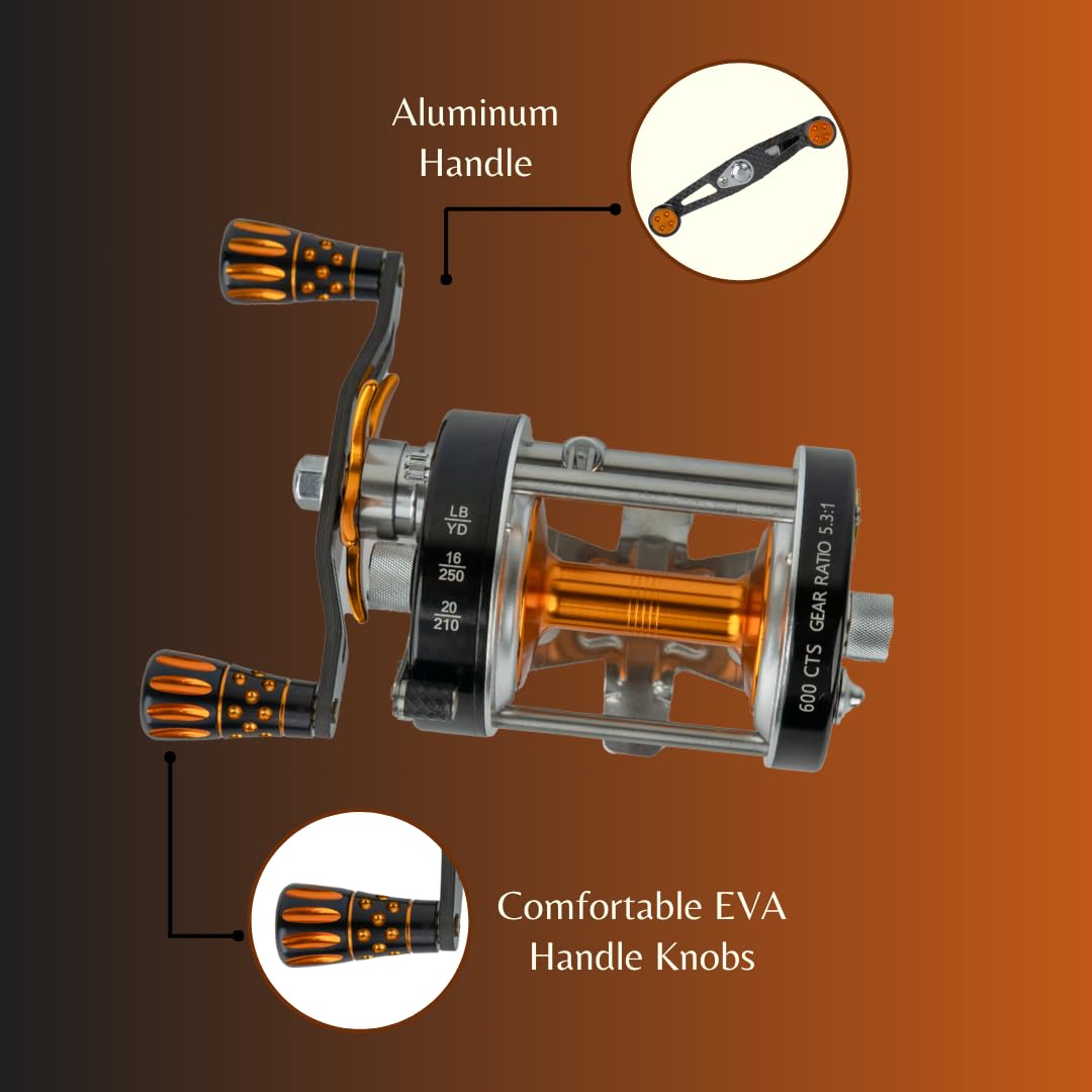 Catfish Pro Tournament Series 600Cts Round Baitcasting Reel - 6+1 Stainless Steel Ball Bearings, 5.3:1 Gear Ratio, 19Lb Drag, Brass Gears, Centrifugal Brake, Durable & Powerful For Big Catfish Fishing