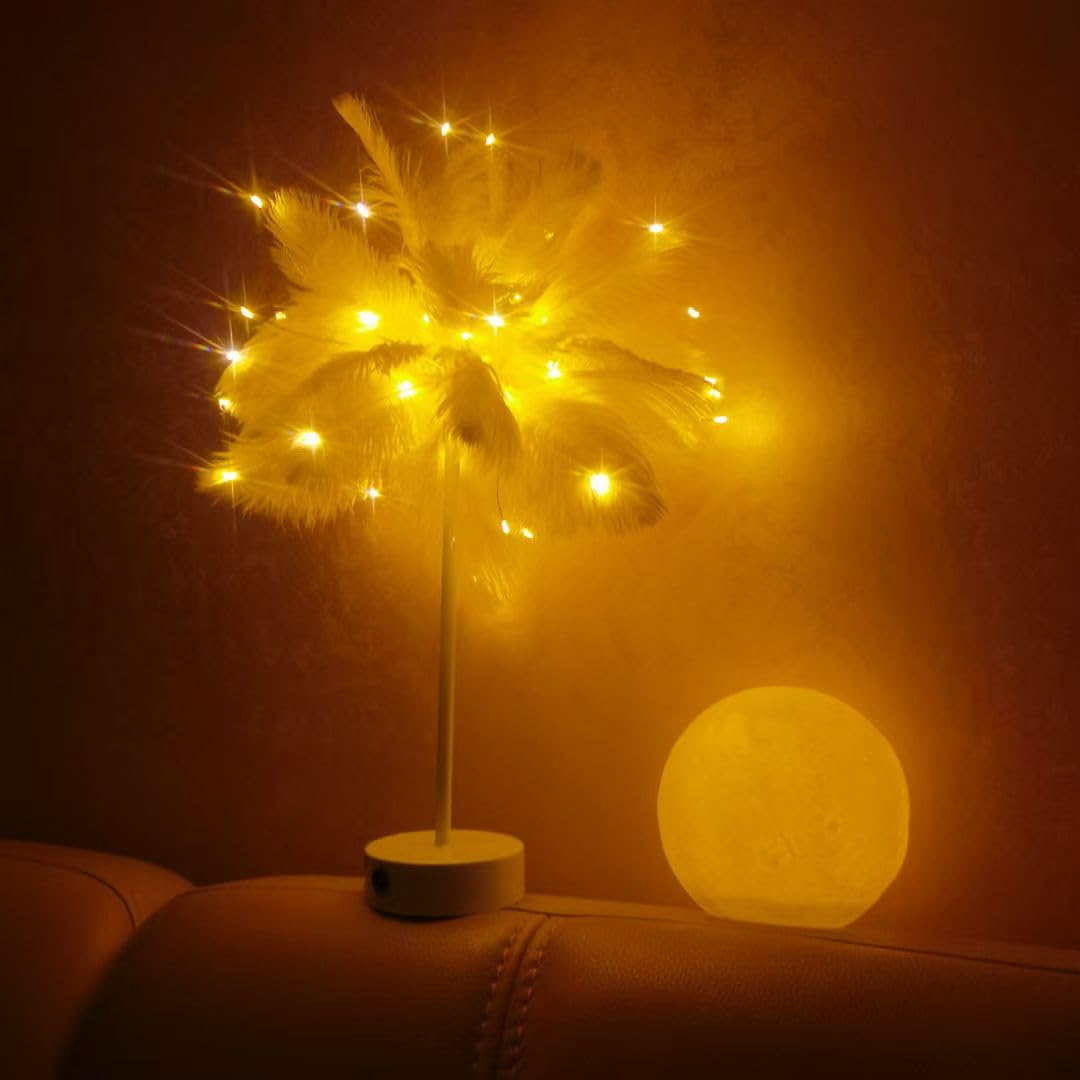 Iticdecor Ostrich Feather Lamp Metal Table Lamp Led Decorative Atmosphere Night Lights Bedside Lamps For Home Party Wedding Decoration For Dad Mom Wife Girlfriend Teen Girls(White)