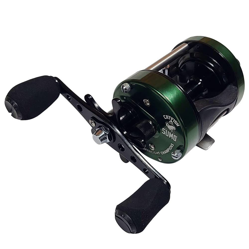 Catfish Sumo Heavyweight Champions Catfish Baitcaster Reel – Round With Loud Bait Clicker, Steel Bearings, Carbon Disc Drag, Thickened Metal For Big Cat Fish + Power Handle + Neoprene Cover