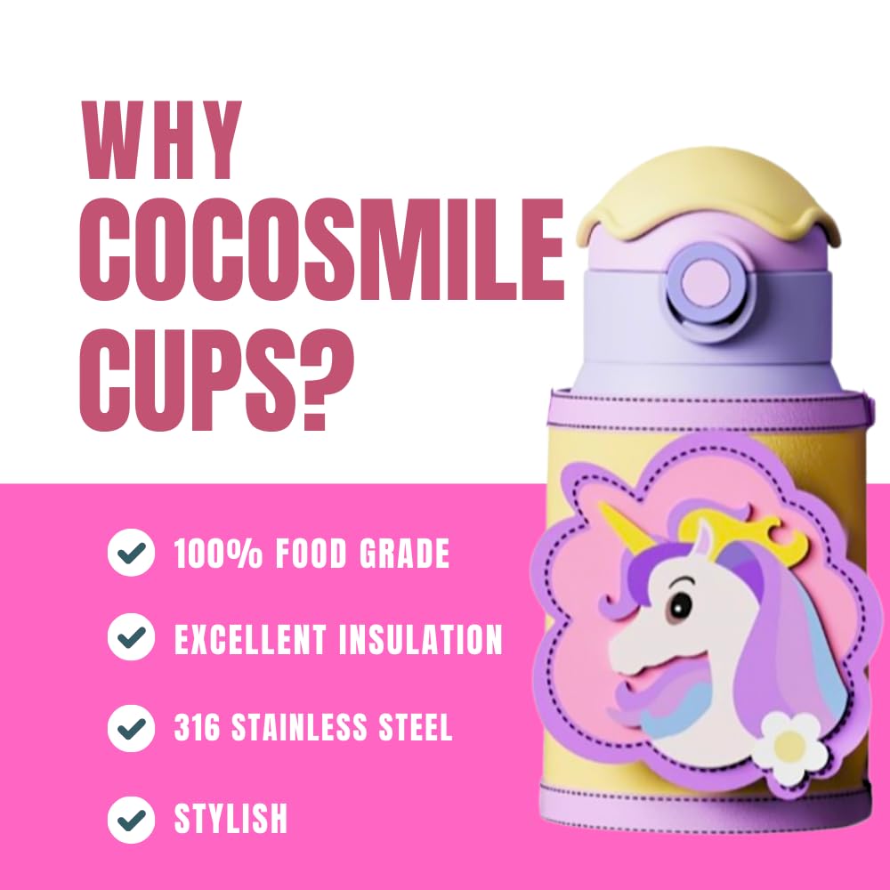 Unicorn Drinking Kids Insulated Water Bottle - Easy Open Button & Carrying Lanyard With Zipper