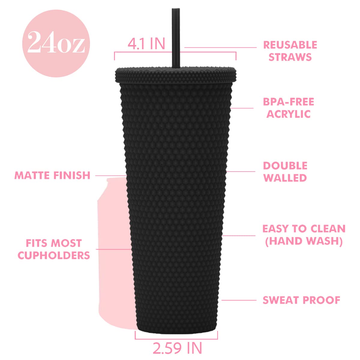24Oz Fully Studded Tumbler.Matte Black Studded Tumbler With Lid And Straw.Reusable Double