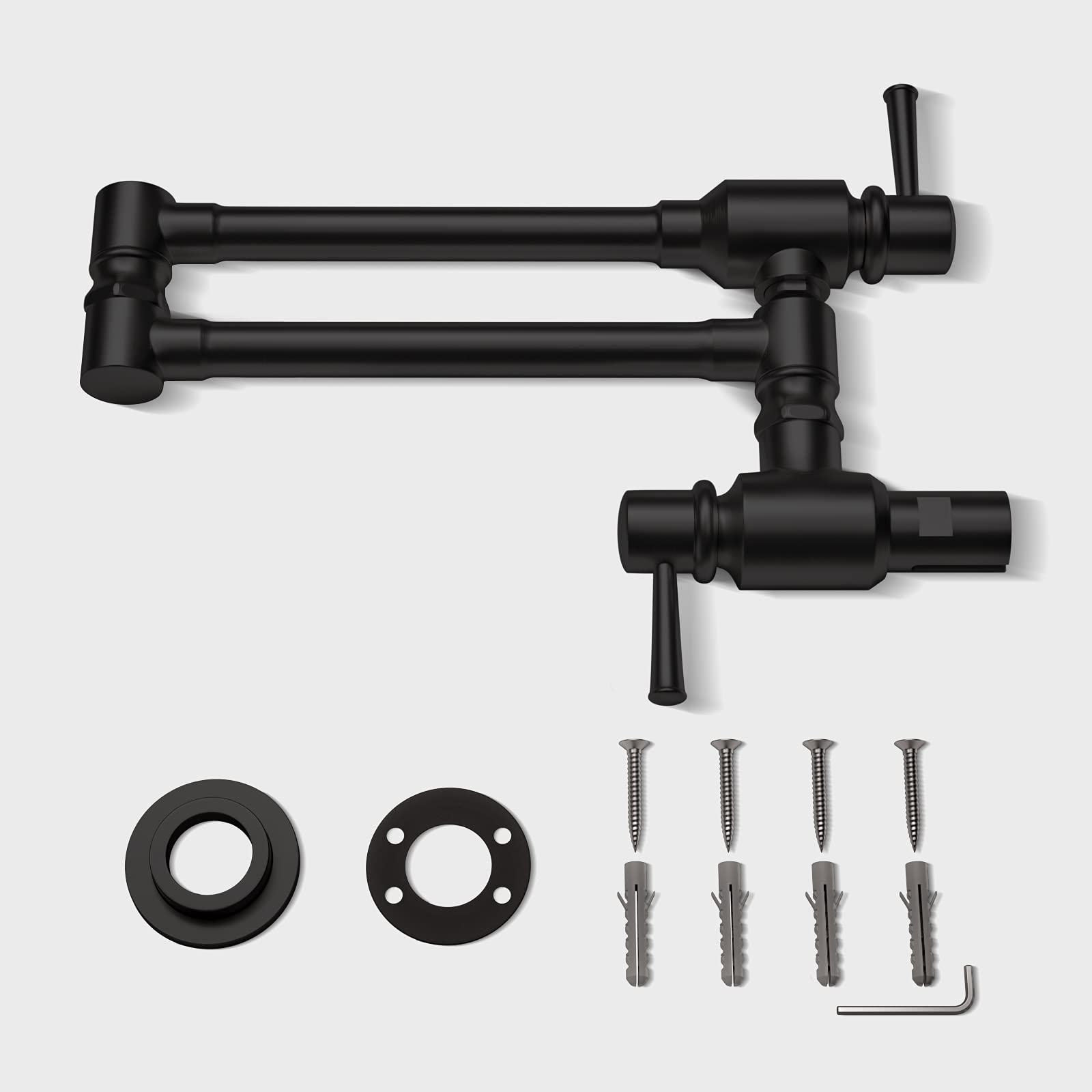 Cwm Bestjeef Matte Black Pot Filler Faucet,Pot Filler Black Folding Faucet,Commercial Wall Mount Stainless Steel Material Stretchable Double Joint Swing Arm With Single Hole Two Handles.