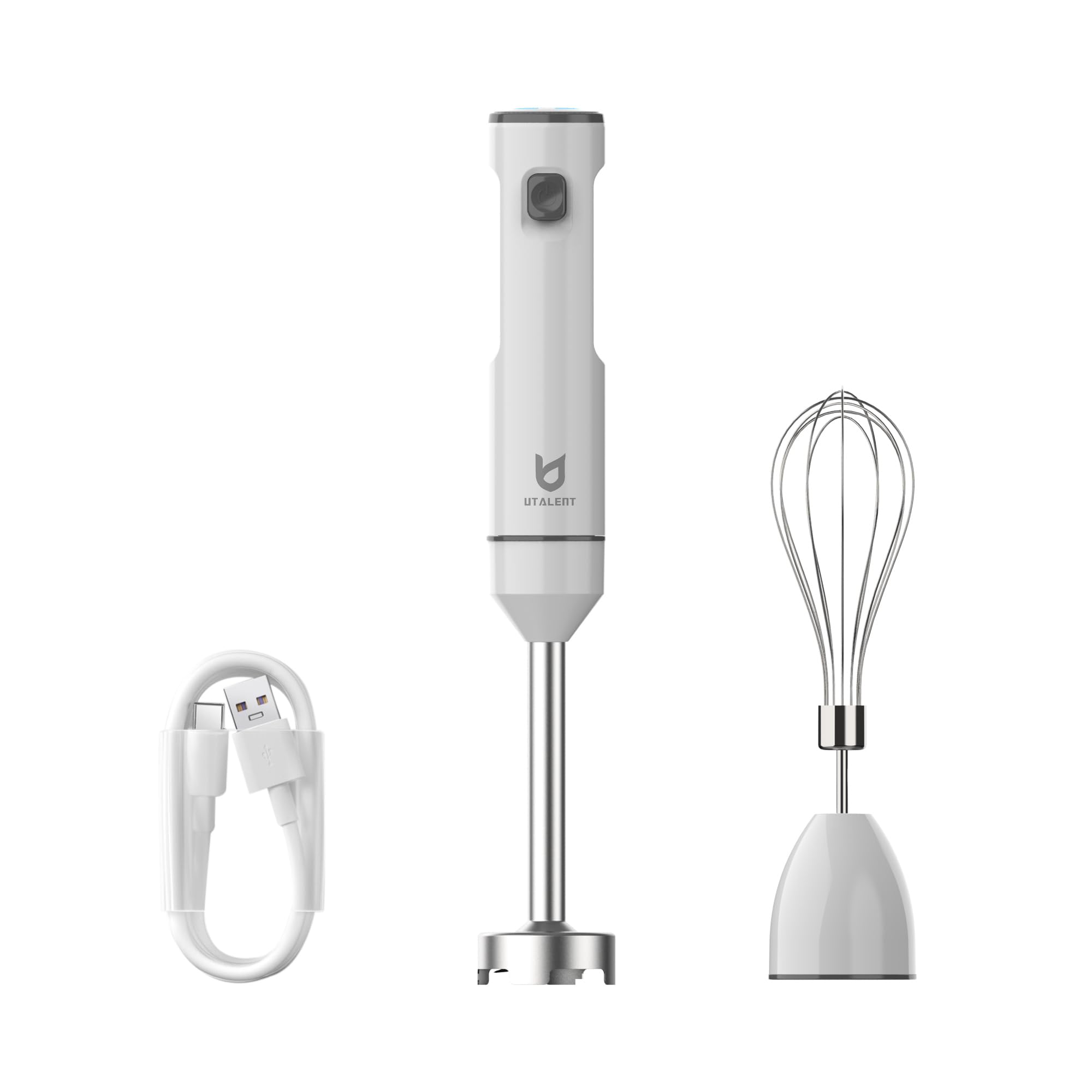 Utalent Cordless Hand Blender, Variable Speed Immersion Blender Handheld Rechargeable, With Usb-C Charging Cable, Egg Whisk, For Smoothies, Milkshakes, Hummus And Soups – White
