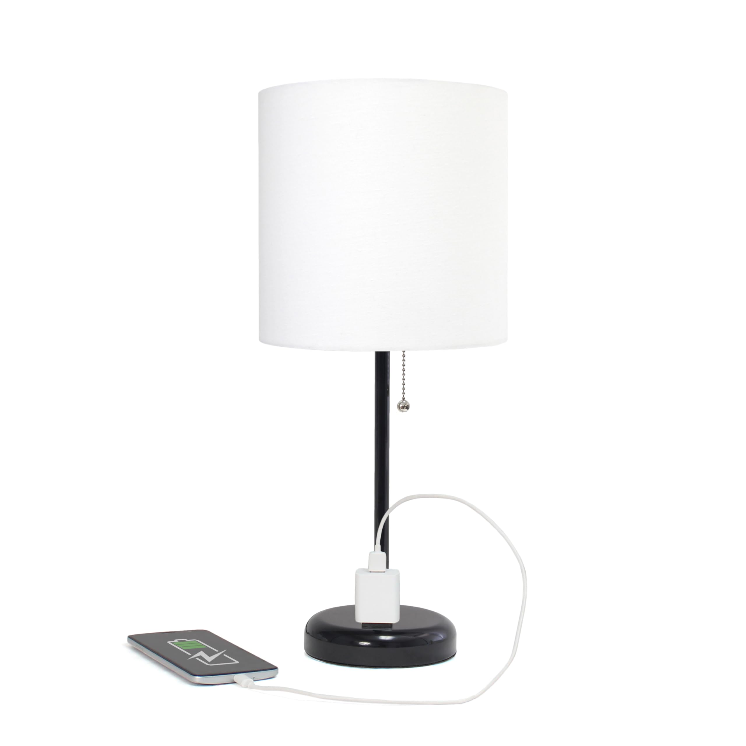 Creekwood Home Oslo 19.5" Contemporary Bedside Power Outlet Base Standard Metal Table Desk Lamp In Black With White Drum Fabric Shade For Home Décor With Feit Led Bulb