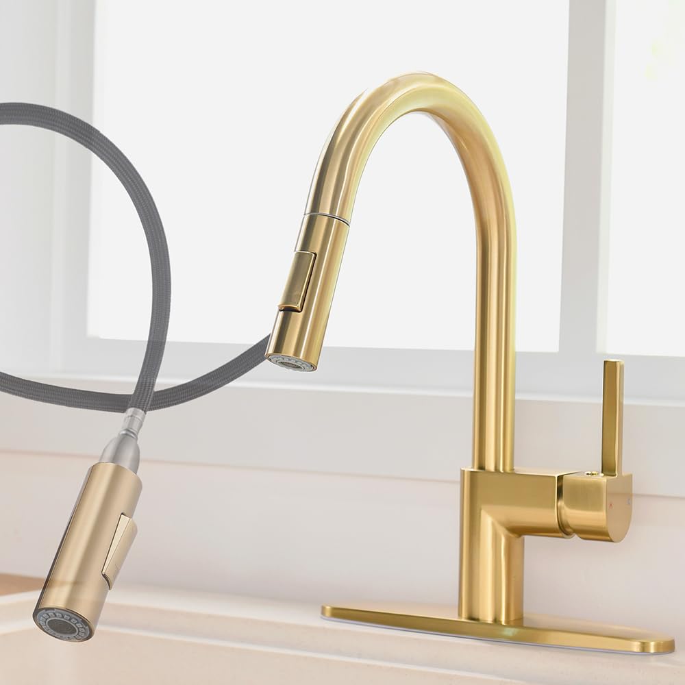 Fropo Gold Kitchen Faucet With Pull Down Sprayer - Modern Single Handle Pull Down Kitchen Sink Faucet With Deck Plate Stainless Steel Brass Kitchen Faucet For 1 & 3 Hole Brushed Gold