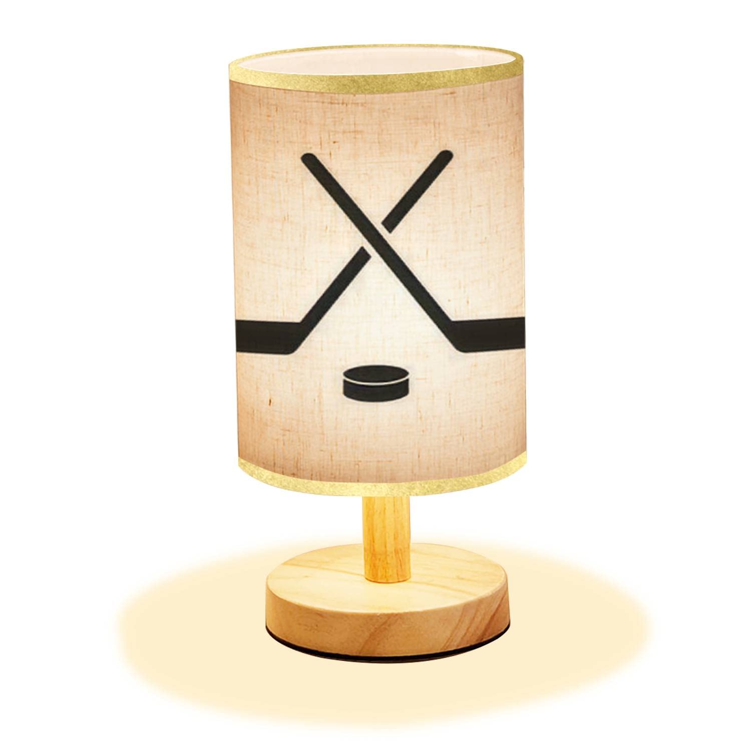 Lopyeijfg Minimalist Bedside Table Lamp Hockey Game Equipment Hockey Wood Nightstand Lamp Bedside Desk Lamp Wood Base Flaxen Fabric Shade For Bedroom Living Room