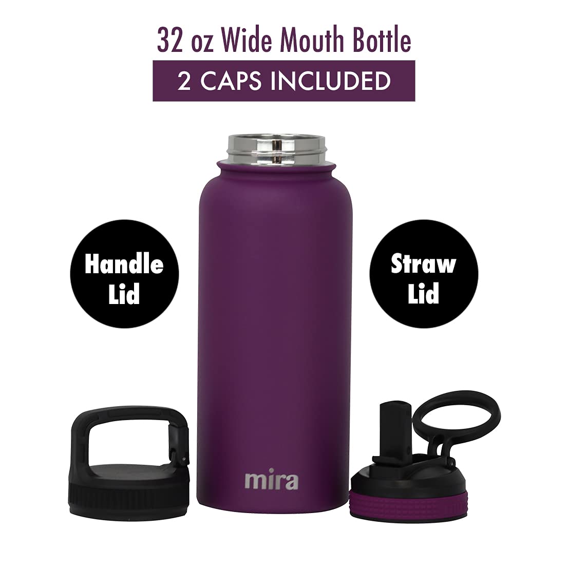 Mira 32 Oz Insulated Water Bottle - Stainless Steel Sports Flask With 2 Lids (Straw & Handle