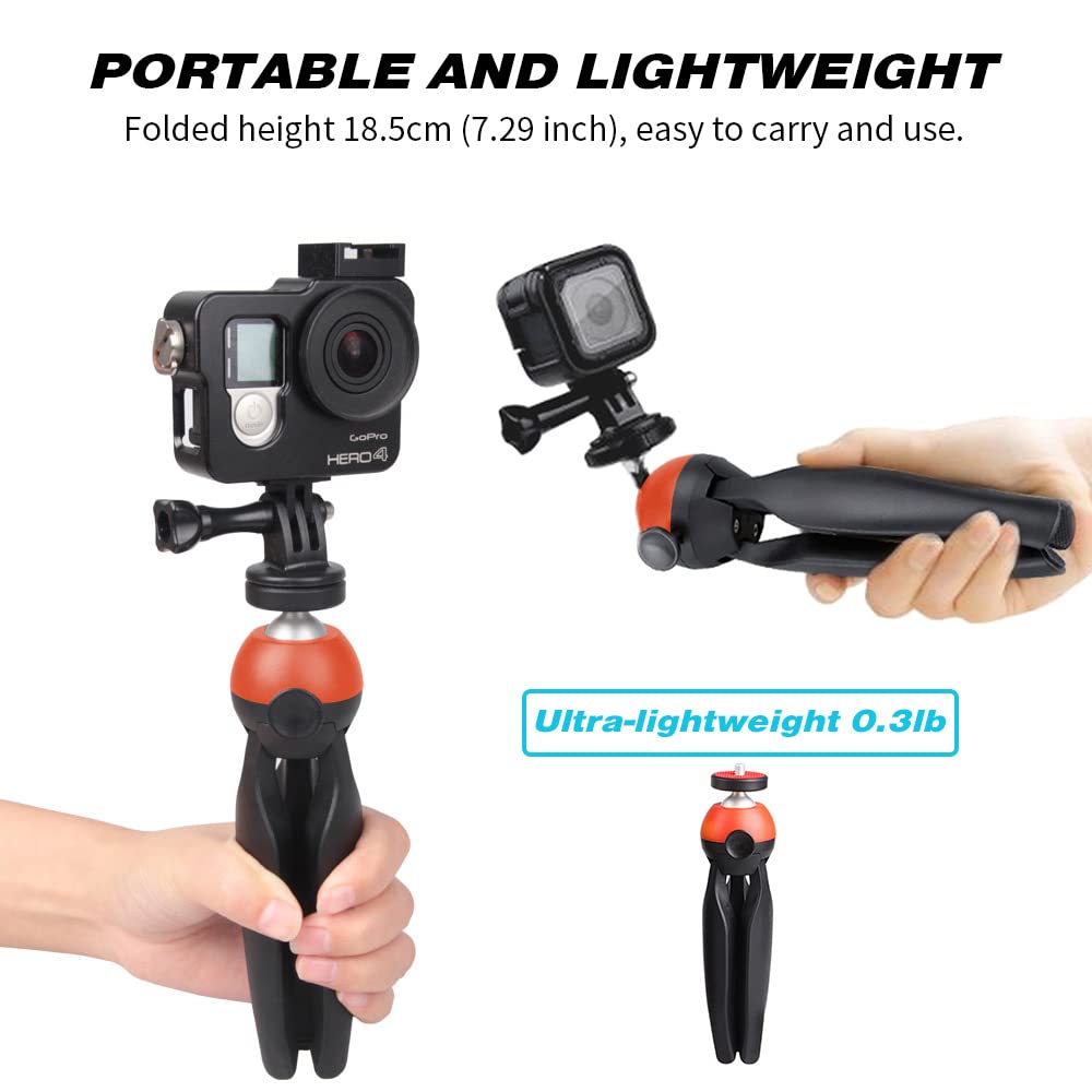Aoesin Mini Phone & Camera & Webcam Tripod Stand, 360° Ball Head Panoramic Shooting, Work Height 5.7 Inch, With Phone Clamp And Gopro Adaptor, Lightweight 0.3 Lb And Portable, Red