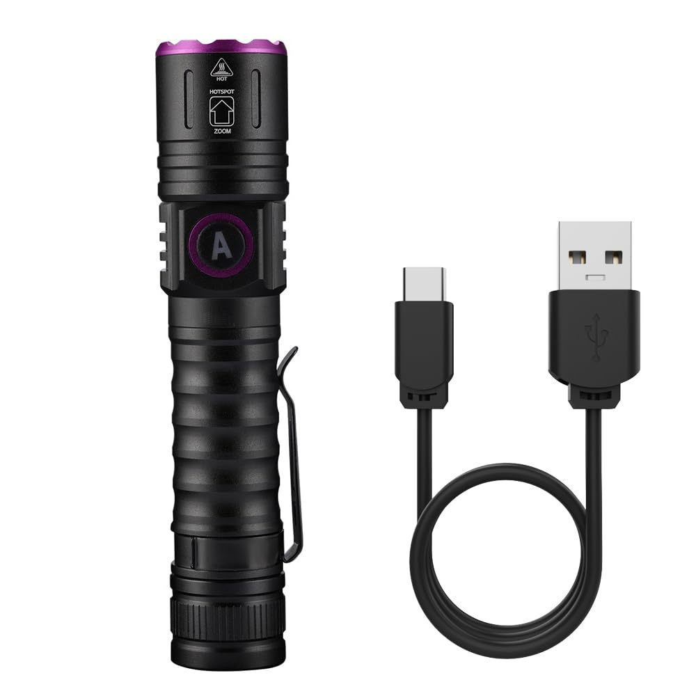 Alonefire Sv87 365Nm Uv Flashlight Zoom 5W Type C Usb Rechargeable Black Light Money Detector For Resin Curing, Pet Urine Detection, Scorpion, Fishing, Minerals, Leaks, Cure Glue With Battery