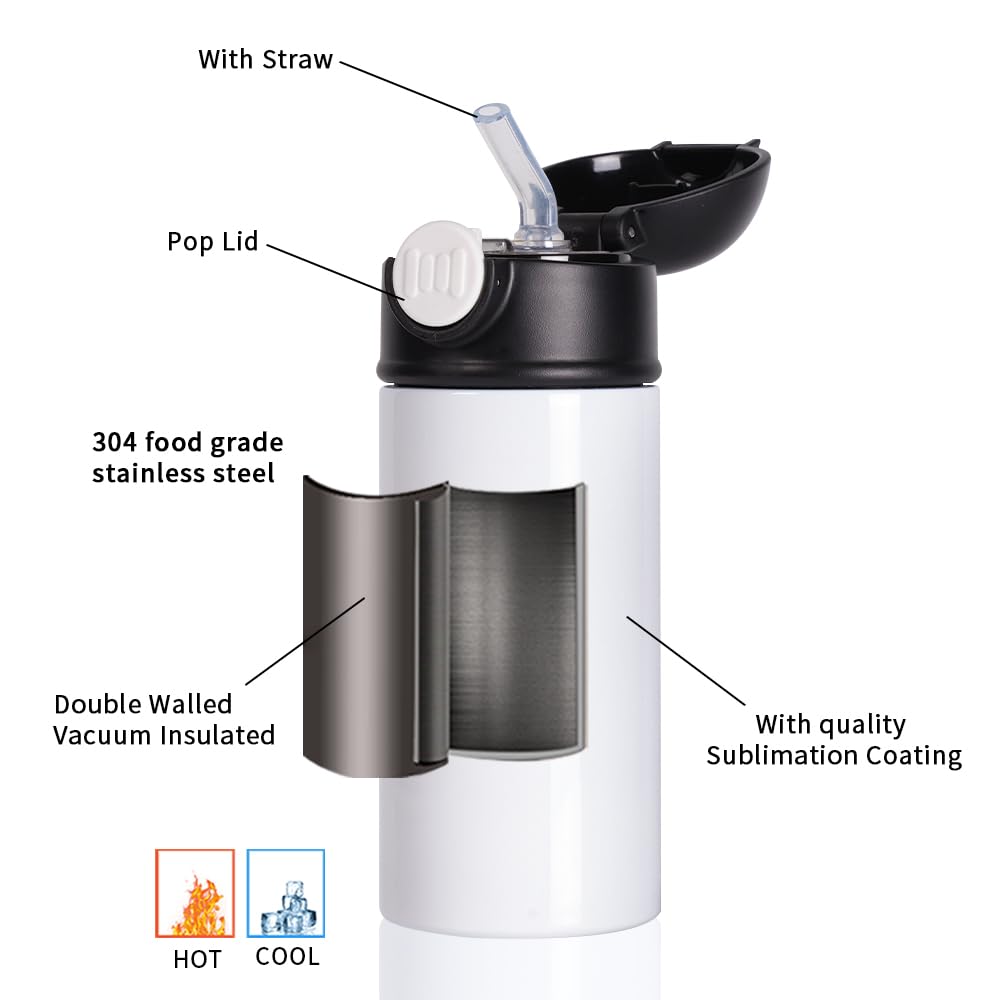 Pyd Life 8 Pack Sublimation Kids Water Bottles Blanks 12 Oz Straight Skinny Kids Tumbler