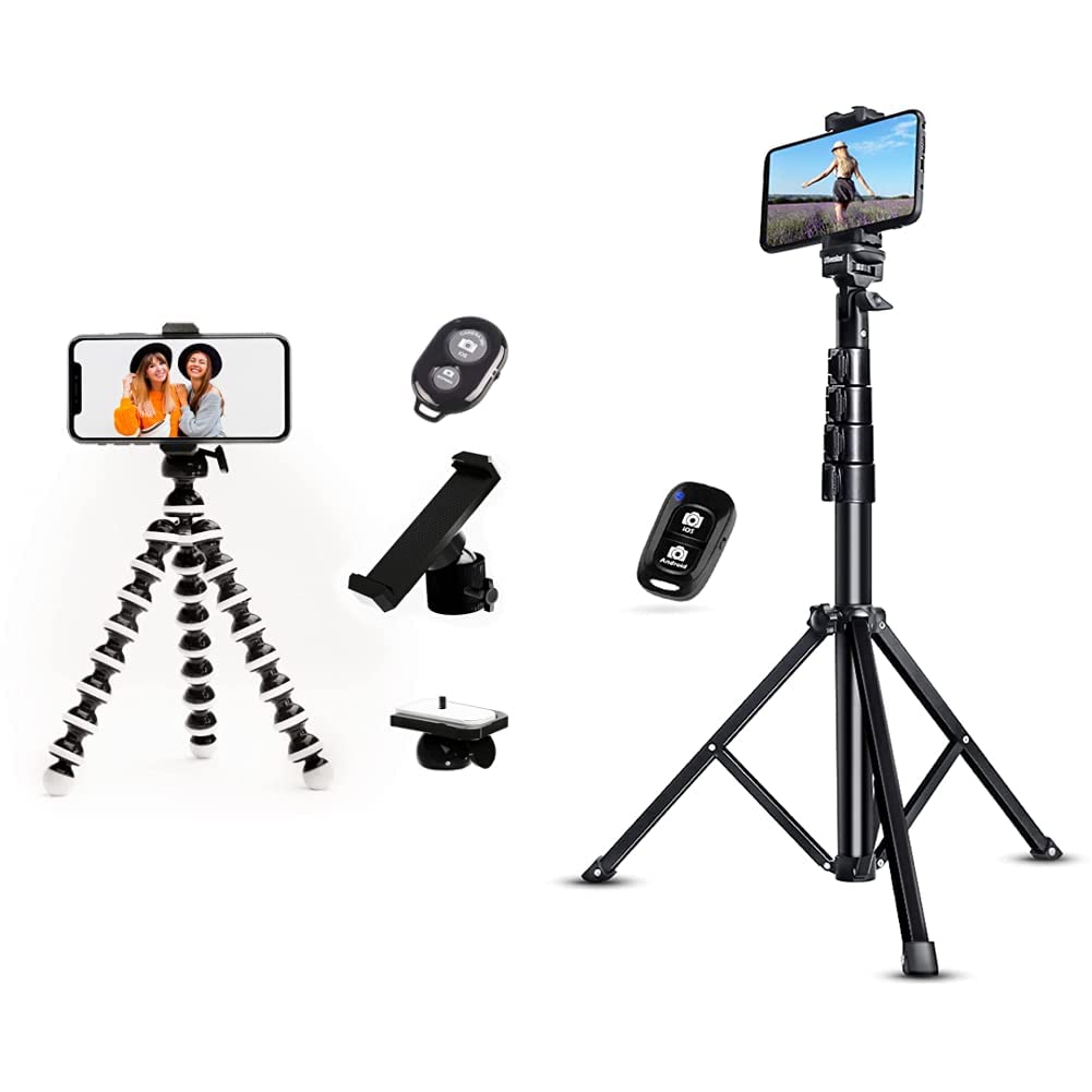 Talkworks Flexible Phone Tripod, Black & Ubeesize 51" Extendable Tripod Stand With Bluetooth Remote For Iphone Android Phone, Heavy Duty Aluminum, Lightweight