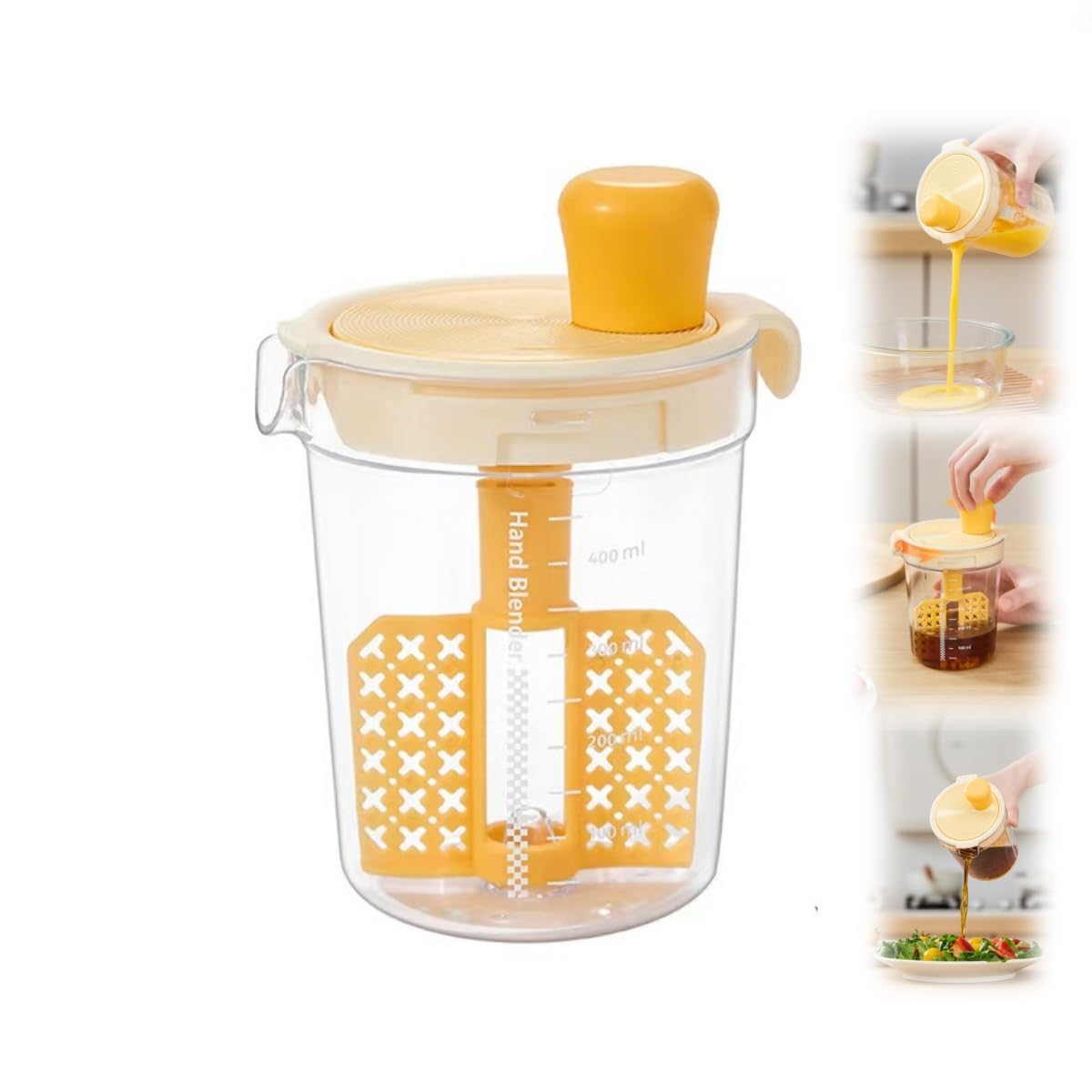 Jvhoo Manual Egg Mixing Cup With Scale, Egg Liquid Mixing Cup, Hand Salad Mixer With Scale, Salad Mixing Cup, Spice Dispensers, Homemade Dip Kitchen Hand Mixing Tools (Yellow)