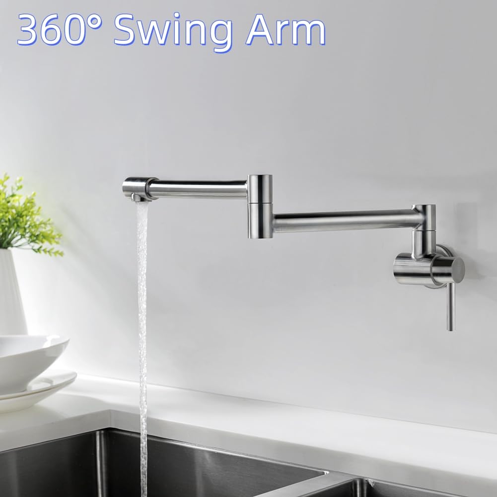 Avola Brushed Nickel Pot Filler Faucet Wall Mount, Pot Filler Kitchen Faucet 360° Swing Arm Folding Stretchable With Single Hole Faucet