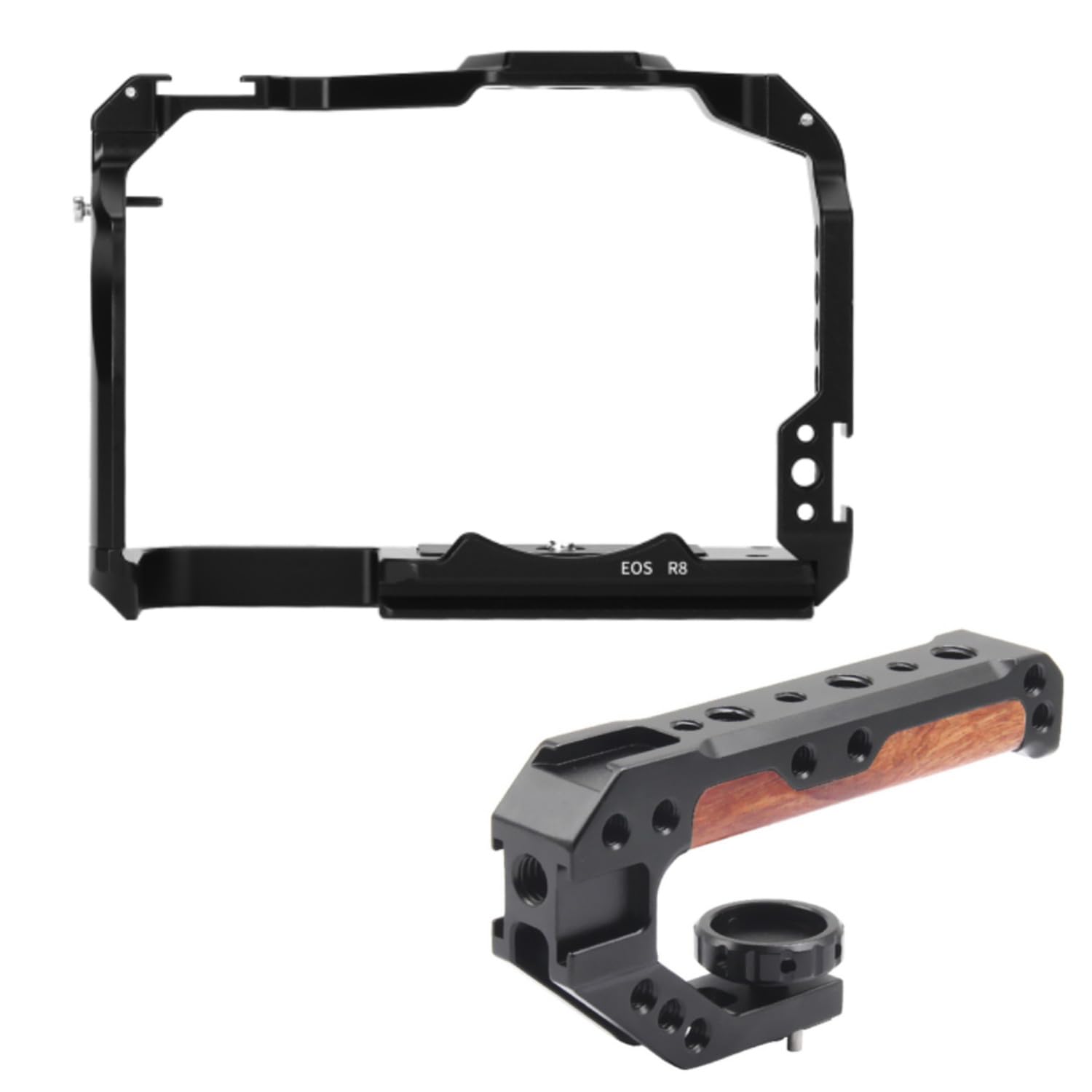 Fugasun Eos R8 Camera Cage, Eos R8 Cage With Wooden Camera Top Handle With 3 Cold Shoes To Mount Dslr Camera