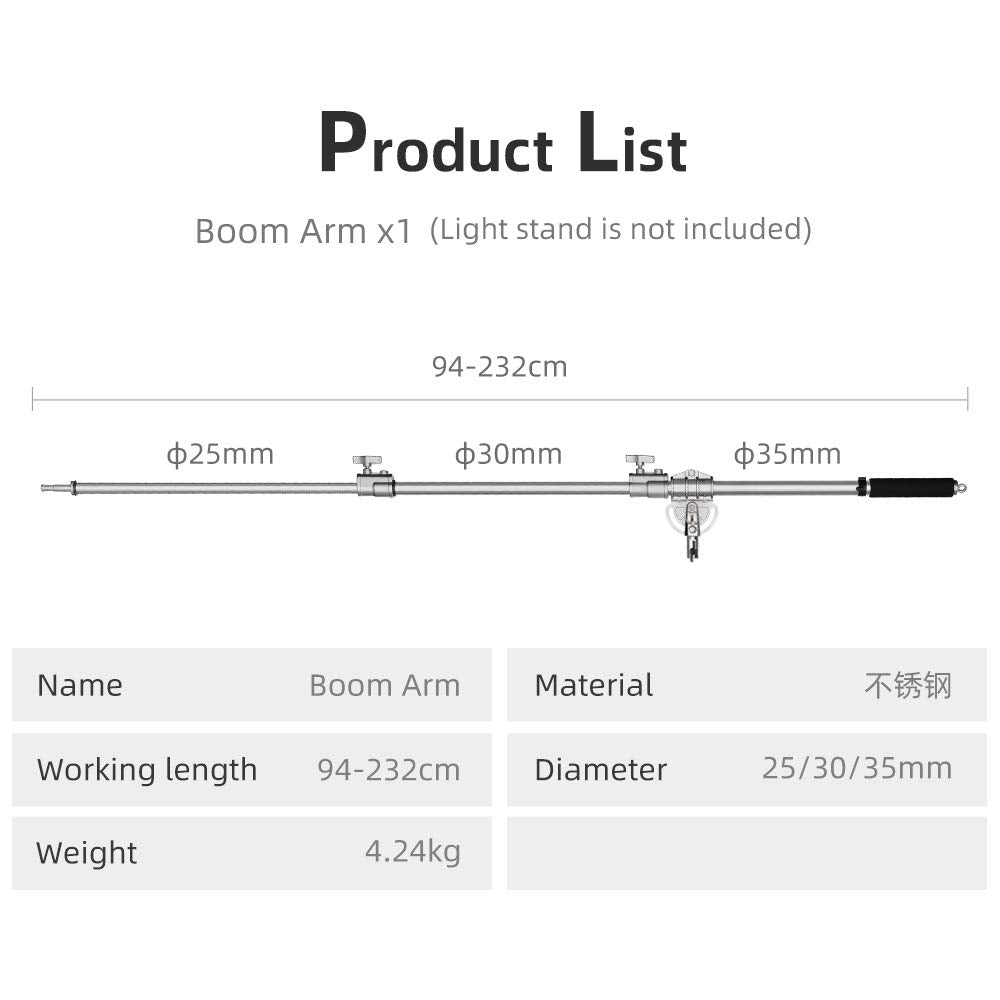 Ambitful Mf-01 Metal Heavy Stainless Cross Arm Steel Longest 232 Cm Photo Studio Kit Boom Arm 94 Cm - 232 Cm 37-91 Inch Light Stand Cross Arm For C-Stand