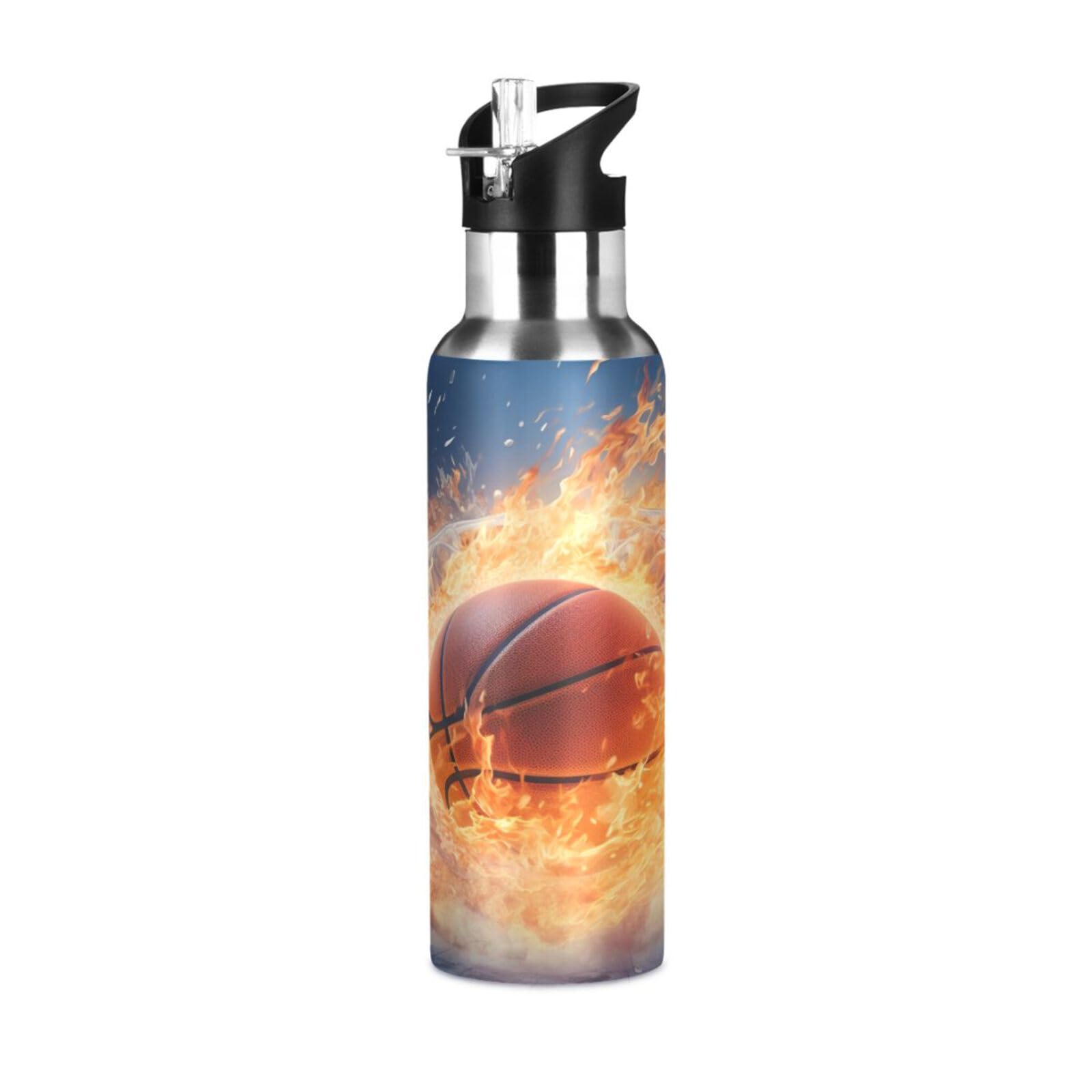 Water Bottle With Straw Lid Leak Basketball With Snow And Fire Stainless Steel Metal Double Wall