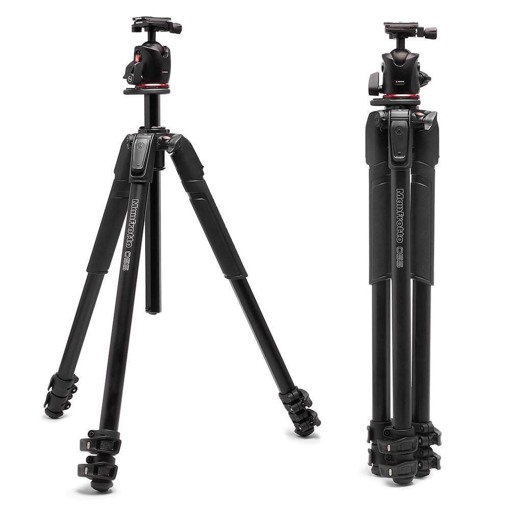 Manfrotto 055Xpro As Camera Tripod, 3 Sections Aluminium, Xpro Ball Head Kit, 90 Degree Column, Load Up To 15 Kg, Arca-Swiss Plate, For Dslr/Mirrorless, Photo Kickstand