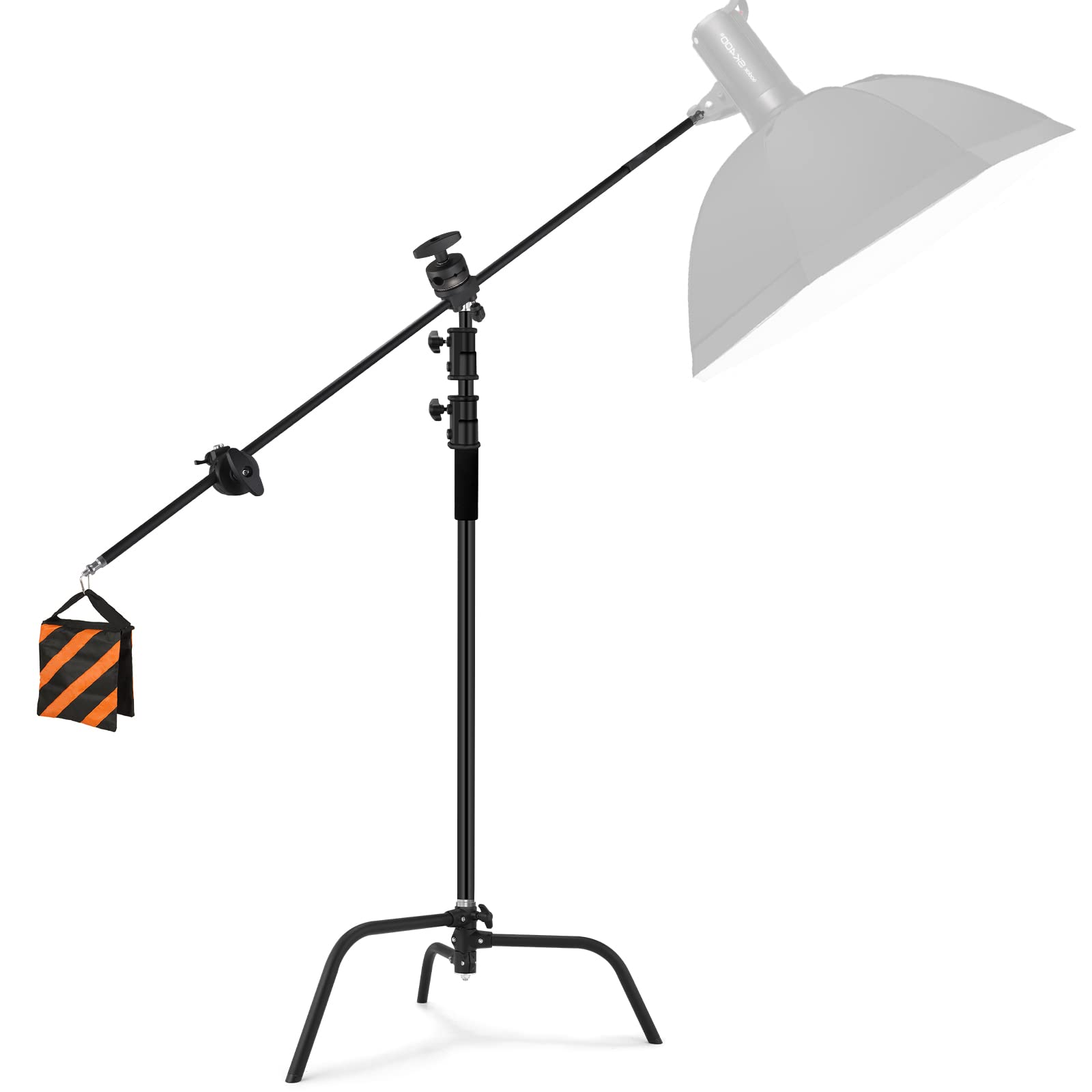 Soonpho Heavy Duty C Stand With Boom Arm,Black Stainless Steel Tripod Base Adjustable Photography Light Stand With Grip Head/Sand Bag For Lighting,Overhead Shooting,Reflector,Softbox,Umbrella...