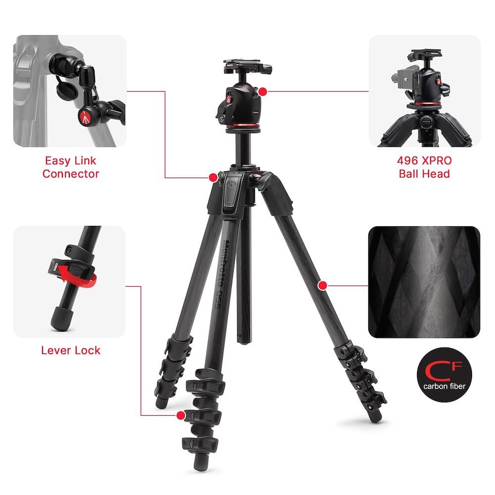 Manfrotto 055Xpro As Camera Tripod, 3 Sections Aluminium, Xpro Ball Head Kit, 90 Degree Column, Load Up To 15 Kg, Arca-Swiss Plate, For Dslr/Mirrorless, Photo Kickstand